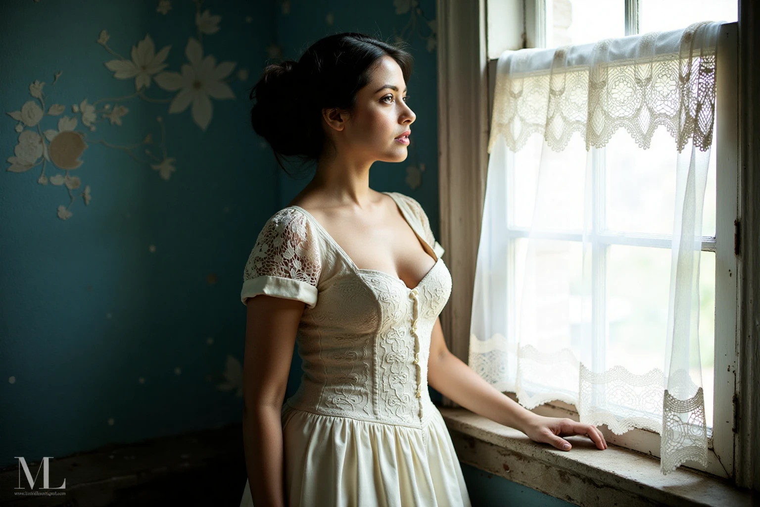 riyasenukohwx stands by a window, gazing outward.  Her expression is contemplative, almost melancholic.  She wears a light cream-colored, antique-style, lace-detailed dress. The lace is delicate and intricately patterned, accentuating the fullness of the sleeves and bodice, draping elegantly over her figure. Her hair is dark brown, styled in a slightly elevated, romantic updo.  The soft lighting through the window creates subtle shadows and highlights, emphasizing her delicate features and the textures of her attire.  The backdrop is a weathered, aged-looking room, with an old window featuring sheer, light, lacy curtains that gently billow in the unseen wind.  The lighting is diffused, with soft tones that showcase the elegance and romance of the scene. The composition is full-length, maintaining a slightly slanted perspective, drawing focus to the woman and her posture. Atmospheric, soft-focus, and suggestive of historical romanticism, the overall effect is evocative and mysterious.  Antique, vintage, portrait, romantic, dreamy. Soft muted palette of ivory, cream, and soft blues.  Focus on soft lace details and delicate feminine features.