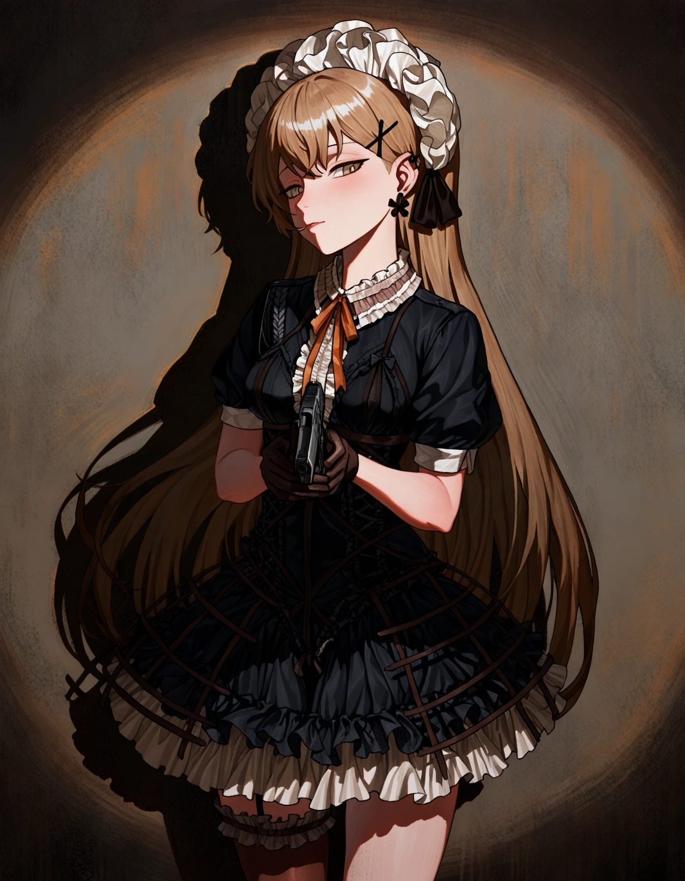 1girl, ppk \(girls' frontline\), cowboy shot, sideways glance, frilled dress, holding gun, walther ppk, shadow, chiaroscuro, high contrast, maid headdress, spotlight, center frills, single thighhigh, (oil painting \(medium\):0.85), (traditional media:0.85), masterpiece, best quality, absurdres,<lora:96_chadmix_vpred10_1a.safetensors:1.0>, <lora:96_chiaroscuro_vpred10_1a-000022.safetensors:1.0>,