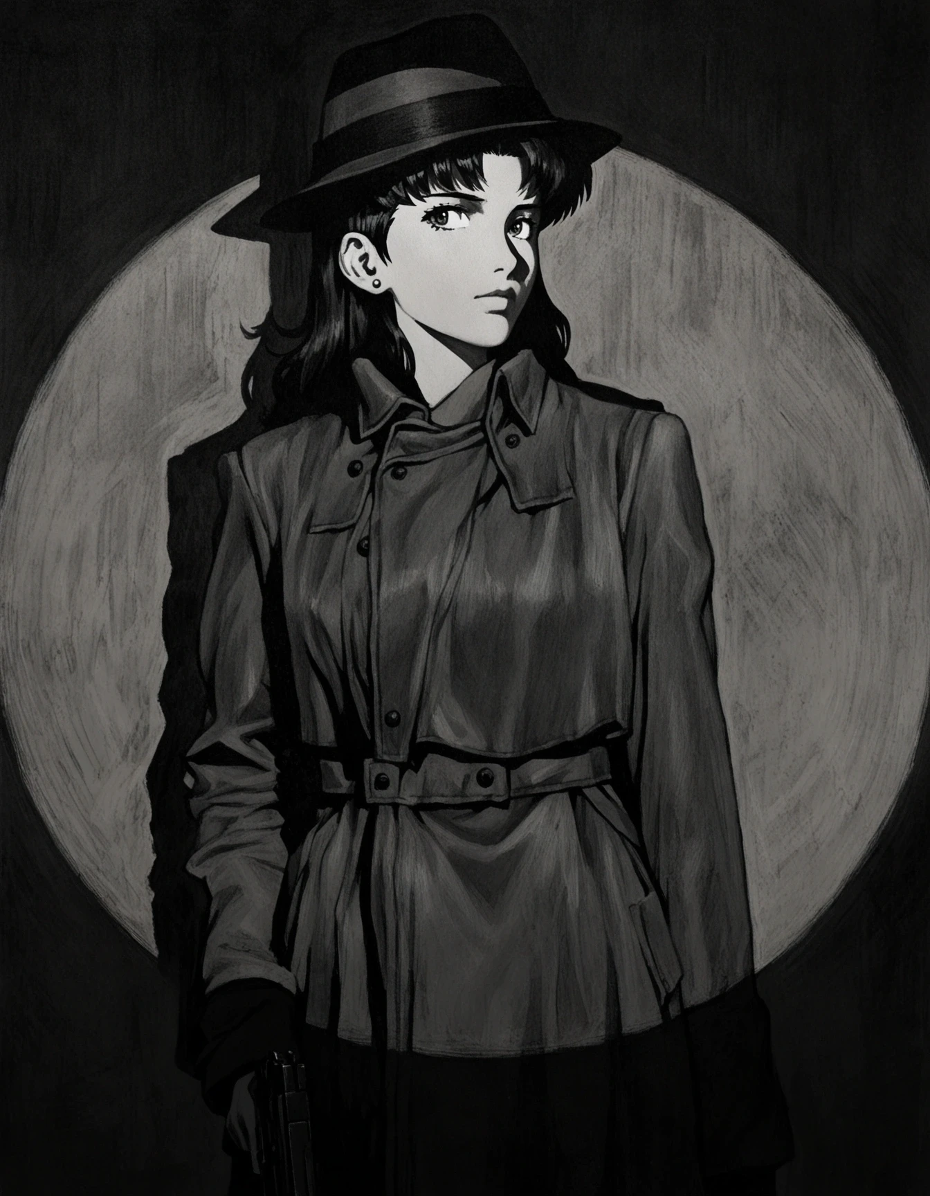 1girl, katsuragi misato, greyscale, cowboy shot, sideways glance, trench coat, holding gun, h&k usp, shadow, chiaroscuro, high contrast, fedora, spotlight, (oil painting \(medium\):0.85), (traditional media:0.85), masterpiece, best quality, absurdres,<lora:96_chadmix_vpred10_1a.safetensors:1.0>, <lora:96_chiaroscuro_vpred10_1a-000022.safetensors:1.0>,