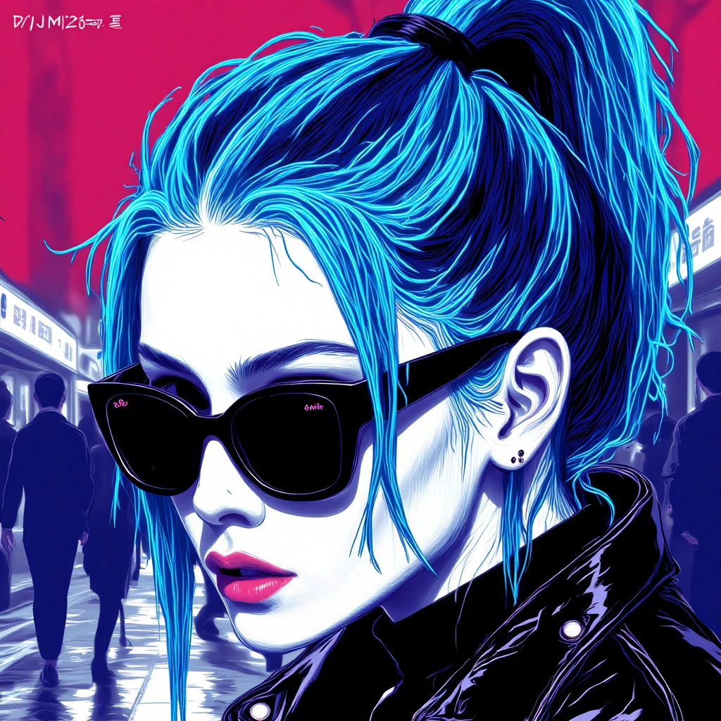 djm23 color tone style, A digital art painting of a woman with blue hair and a white face. She is wearing a pair of black sunglasses with tinted red tinted lenses. Her hair is pulled back in a ponytail and she's wearing a black leather jacket