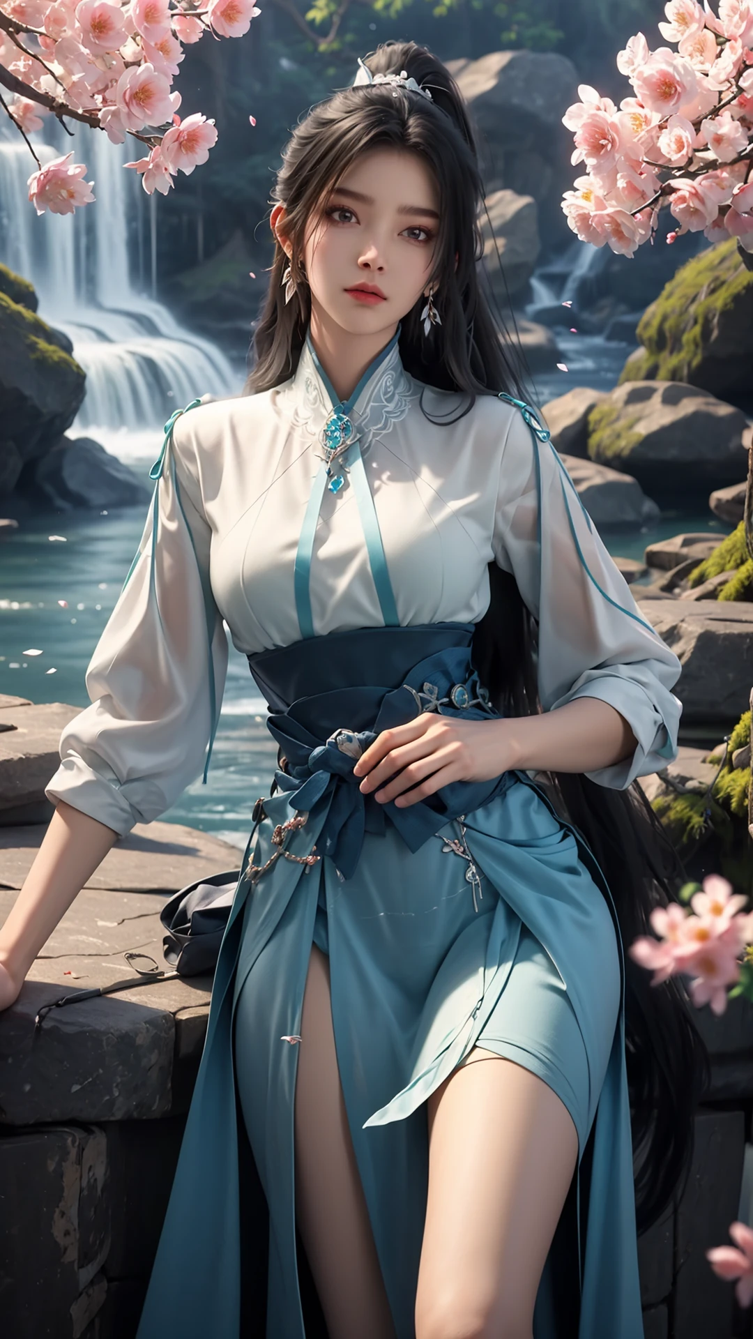 masterpiece,best quality,official art,extremely detailed CG unity 8k wallpaper,light rays,light particles,CG,
1girl,jewelry,earrings,ponytail,solo,long hair,black hair,dress,looking at viewer,chinese clothes,hair ornament,closed mouth,<lora:å®å§:0.7>,pink flowers,cherry blossoms,<lora:flowers_20231002060558:0.3>,<lora:ç»èå¶é :0.2>,full body,red flowers,flat shoes,waterfall,outdoors,