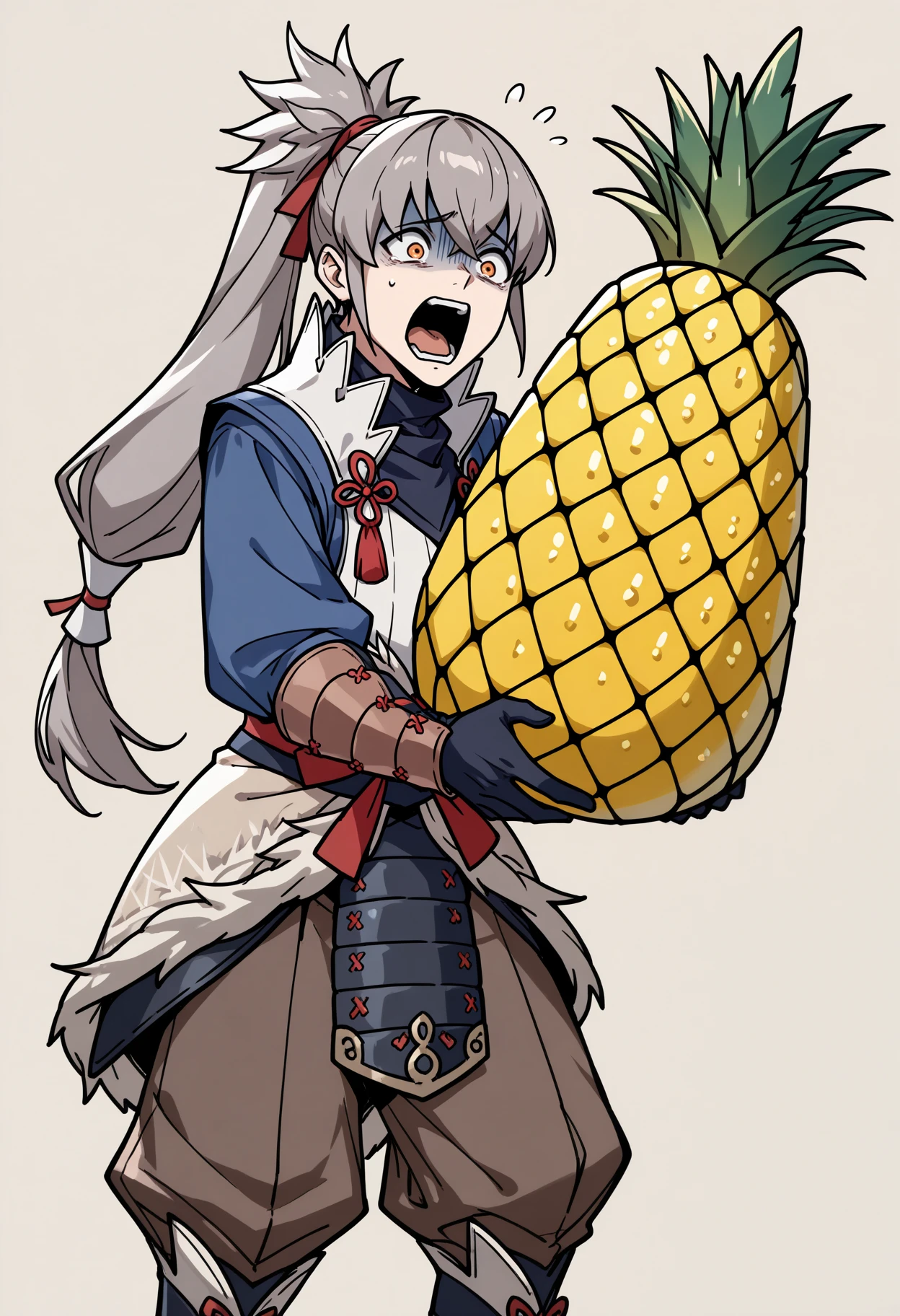 masterpiece, best quality, 1boy, oversized food, pineapple, holding, scared, screaming, flying sweatdrops, <lora:TakumiFE-illu:1> dfTaku, grey hair, ponytail, long hair, red hair ribbon, orange eyes, japanese clothes, black neckerchief, white vest, high collar, blue shirt, sash, fur trim, brown vambraces, black gloves, armor, beige skirt, brown pants, baggy pants, boots, simple background