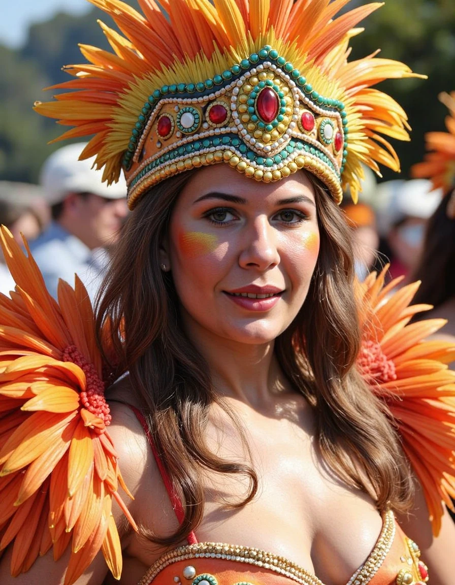 young woman at carnival in Brasil wearing elaborate large feathered colorful outfit with minimal facepaint <lora:loretta-swit-hotlips-houlihan-flux:1>