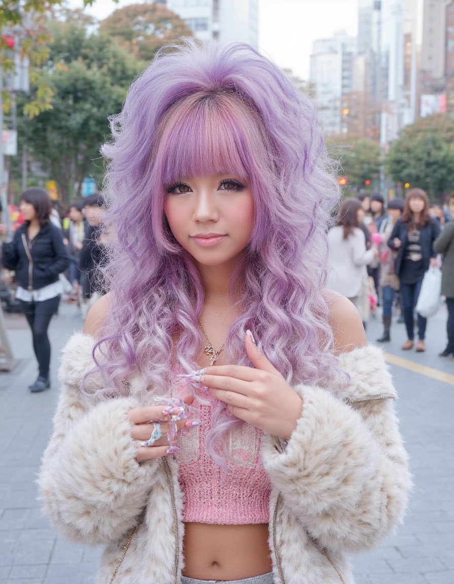 <lora:Female_Archeotypes_-_Japanese_Gyaru:1>street photo of gyaru woman with heavy tan and fancy hair-do, 1girl, red eyes, Lilac hair