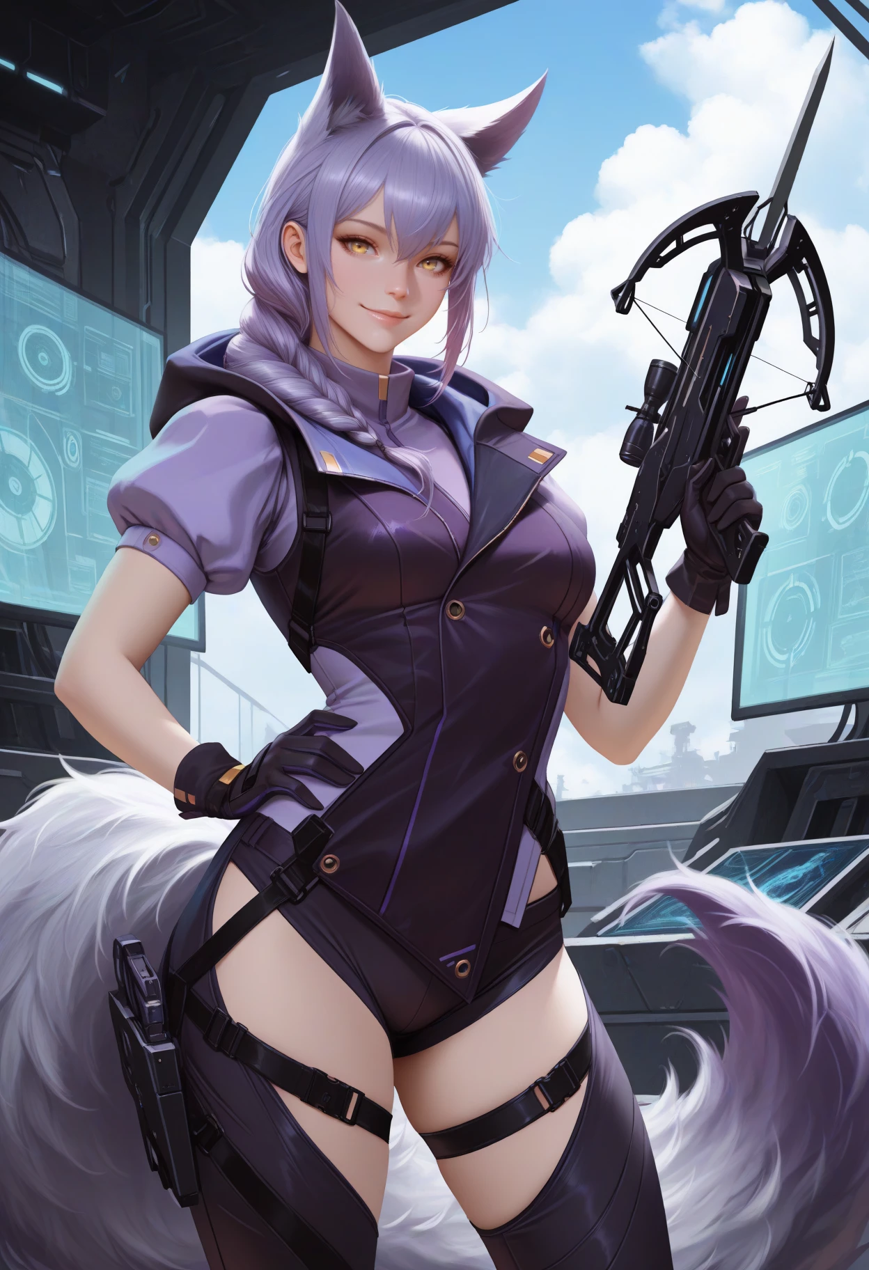 masterpiece, best quality, realistic, solo, 1girl, prvcdef, wolf tail, large tail, smile, looking at viewer, standing, holding weapon, holding crossbow, hand on own hip, long hair, purple hair, hair between eyes, single braid, animal ears, extra ears, yellow eyes, black jacket, hooded jacket, hood down, sleeveless jacket, purple shirt, puffy short sleeves, black gloves, black pants, thigh cutout, thigh strap, outdoors, blue sky, cloud, indoors, science fiction, holographic monitor, multiple monitors
<segment:yolo-Anzhc Face seg 640 v2 y8n.pt,0.4,0.5//cid=1>