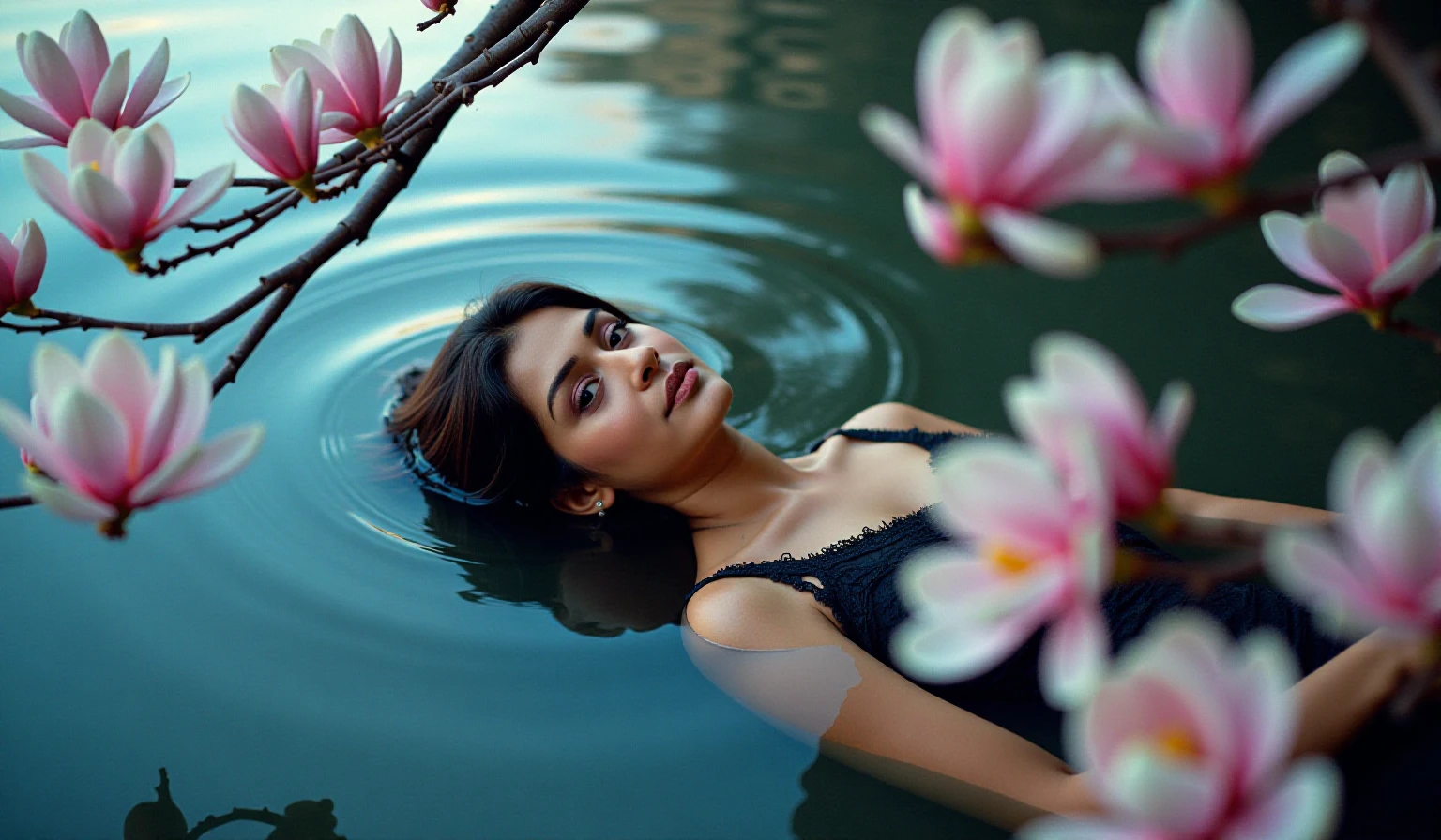 payalrajputukohwx  is submerged waist-deep in a body of water.  . Her expression is serene and contemplative, perhaps slightly melancholic.  She wears a sleeveless, dark, black, and possibly lace or embroidered gown that appears fitted and flowing over the water's surface.  The water's surface is gently rippled, with subtle light reflecting on the water.  A multitude of delicate, pale pink magnolia blossoms surround her and are intermingled with the branches of a bare winter tree that extends over the water.  The flowers are out of focus creating a soft, dreamlike atmosphere. The overall composition is a portrait that features a soft, light, airy, and magical atmosphere and mood.  The colors are a mix of soft blues and pinks, with delicate lighting suggesting a spring day. The detailed floral framing, the woman's serene expression, and the cool water tones combine into a  romantic, yet melancholic, artistic masterpiece.  High key lighting creates a dreamy, delicate, and almost ethereal effect.
