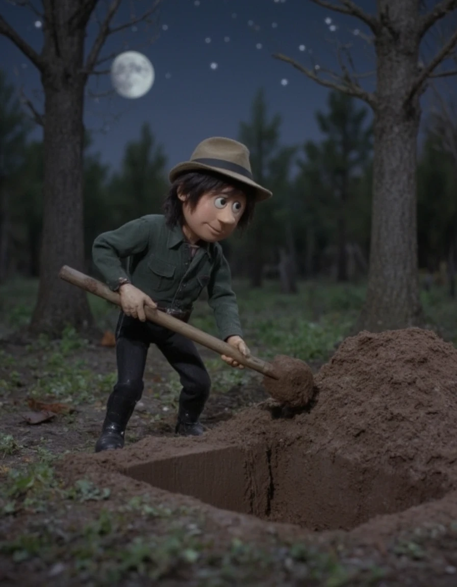 jack-fr0st, a man digging a rectangular grave in the woods in the middle of the night, he has dark hair and is wearing a hat, his shirt is dark green and he has black pants on, he is digging with a shovel and there is a mound of fresh dirt beside the hole, quarter moon in the sky and stars <lora:jack-fr0st-continued-continued-64:1.3>