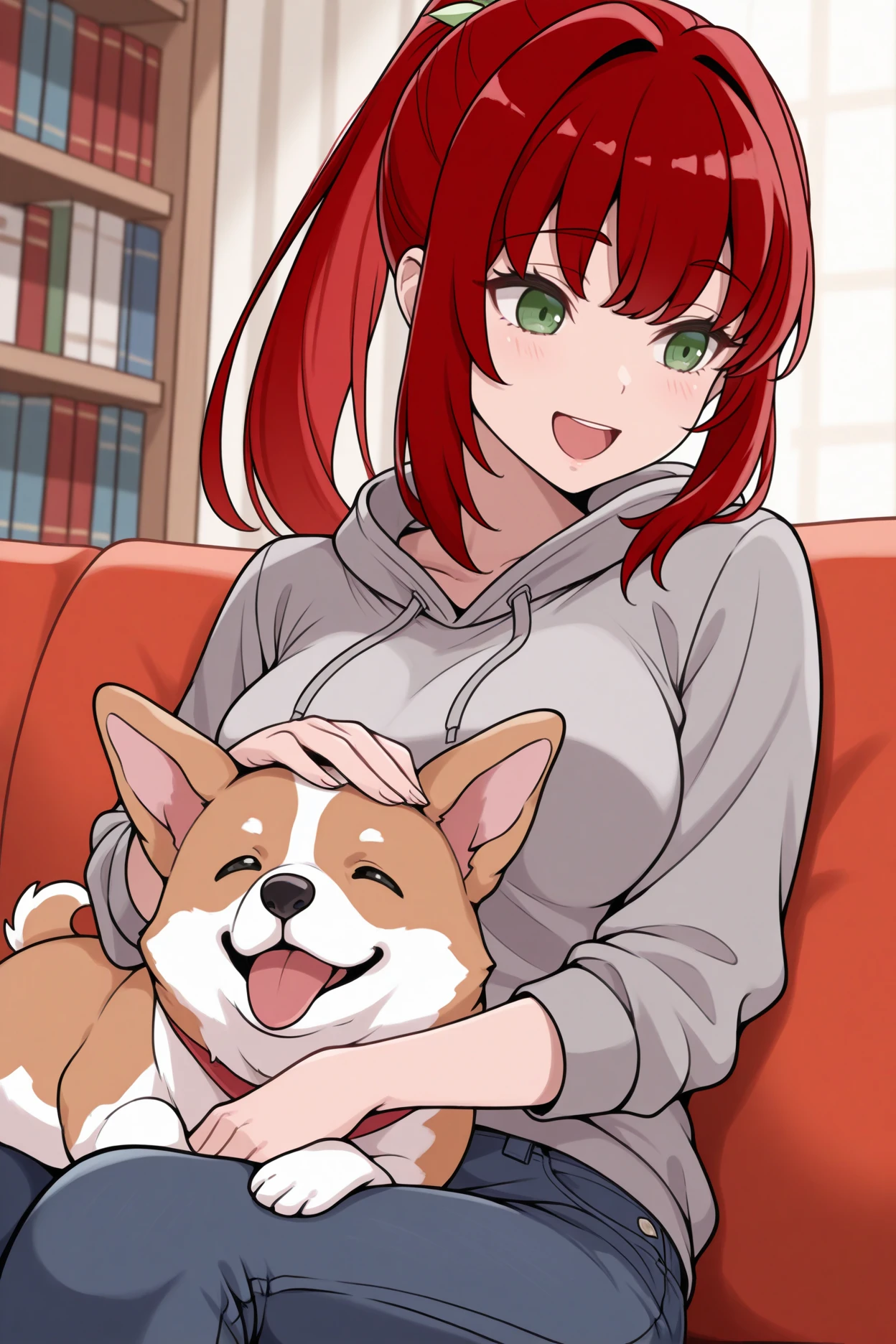 masterpiece, best quality, 1girl, solo,  <lora:aliselovell-illu-nvwls-v1-000006:1> alslvl, sidelocks, ponytail, sidelocks, red hair, green eyes, grey hoodie, medium breasts, jeans, welsh corgi, sitting, happy, petting dog, couch, bookshelf