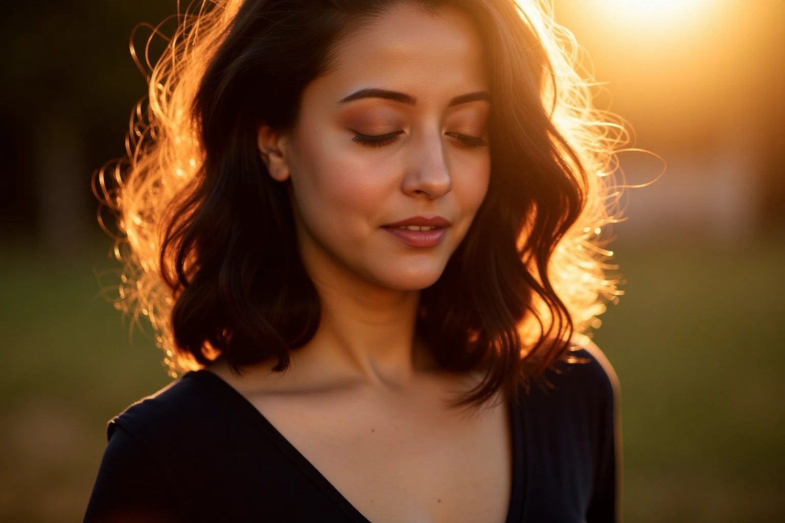 Close-up portrait of raimasenukohwx  with medium-length black hair, styled in loose waves with a side part.  Soft, warm lighting emphasizes the face, creating a golden glow.  The subject's expression is contemplative and serene; eyes are closed, offering an introspective mood. Light golden highlights in the hair add dimension and depth.  The woman appears to be in her late teens or early twenties with fair skin and natural features. She is wearing a dark top/shirt, likely black or navy, featuring a soft, smooth texture.  The background is intentionally blurred, with a bokeh effect of darker tones, creating a dreamy and atmospheric feel, drawing the viewer's attention to the subject.  The light appears to be a warm, golden-hued sunlight, creating lens flare and soft highlights on her face and hair.  A golden ray of light highlights the curve of the face, enhancing the serene mood. This image utilizes a shallow depth of field, emphasizing the subject. The colors are rich and balanced, with the golden light being the dominant visual element.  The overall style is evocative, dreamlike and intimate.  Natural light lens flares and highlights create a romantic, golden tone in the picture.  Soft focus and artistic light effects give an impressionistic quality.  The image's composition draws attention to the woman's face and the interplay of light and shadow, creating an emotional and artistic portrait.
