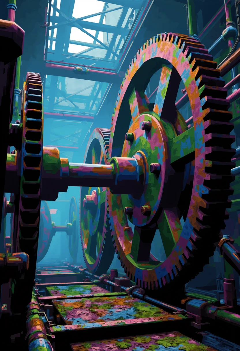 Geometric Colorful Forces,

In an ancient factory shrouded in mist, huge metal gears are intricately nested together, creating a stunning mechanical scene. The surface of the gears is covered with rust and varying depths of scratches left by time, and each gear seems to be telling its own history. The connection between gears is as delicate and complex as a sculpture, interlocking with each other and seemingly continuing to operate in eternal silence.
The light inside the factory is weak and dim, with occasional blue arcs flashing, briefly illuminating the surrounding environment. The pipes and cables extending upwards from the floor interweave like hard vines towards the ceiling, giving the whole scene a lively yet unattended feeling. The mechanical steam is faintly visible, swirling in the air, adding a mysterious atmosphere to the whole.
This artwork adopts a surrealist visual style, with finely crafted gear details that seem to wander between reality and dreams. The sharp contrast of colors, the leaden machinery and flickering blue light together create a strong visual impact, highlighting the loneliness of being unmanned and the cold and emotionless operation of the machine.