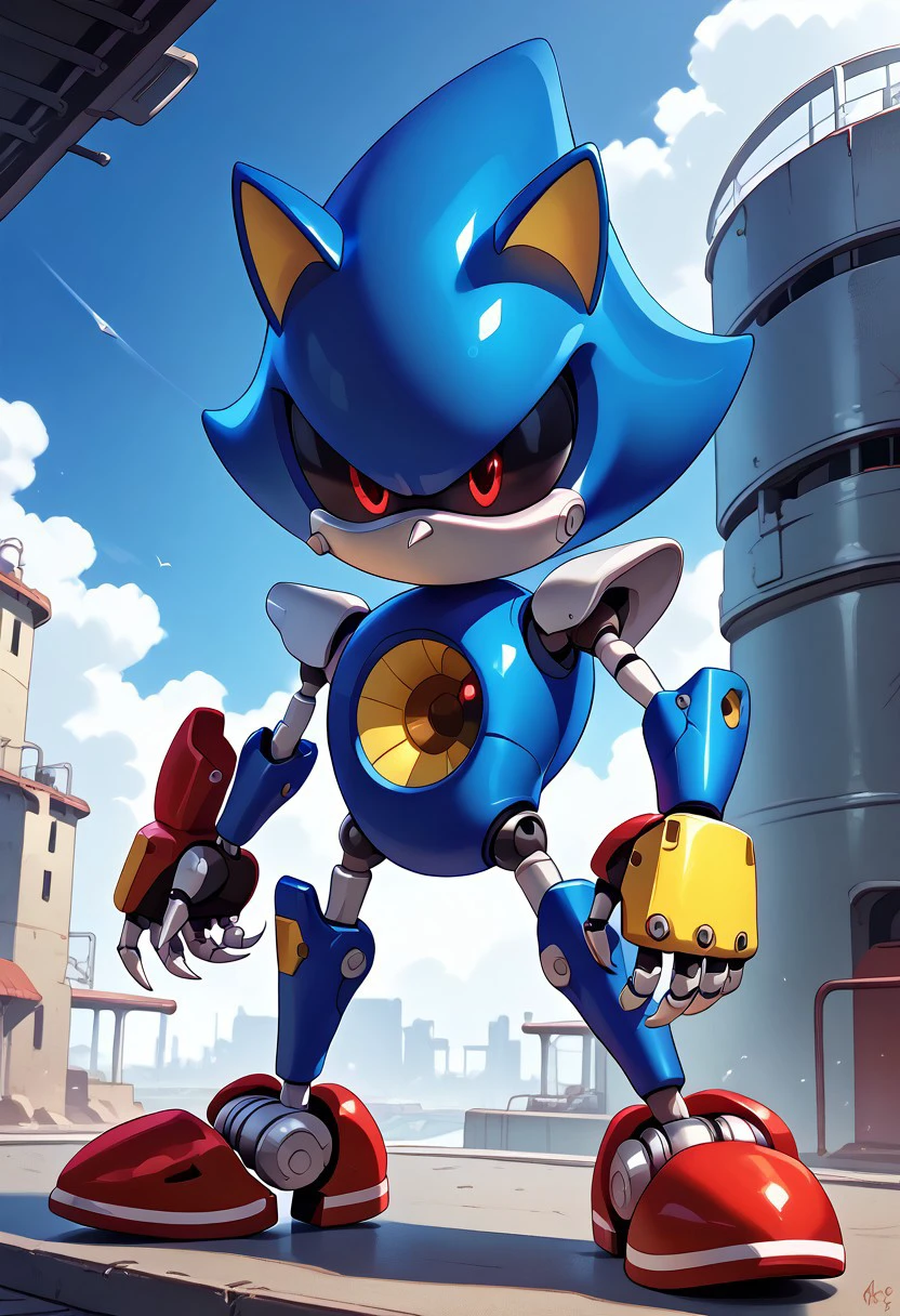 score_9, score_8_up, score_7_up, (best quality:1.1), ultra-detailed, high resolution, 8K, ((tall, 6ft tall, no mouth, long legs)), long legs, Metal Sonic, robot, blue metal skin, black sclera, red pupils, pointy metal nose, gray claws, yellow core, red shoes, fist, battle stance, arms at sides, standing tall, factory, BREAK outside, Rich, Detailed background, ambient light