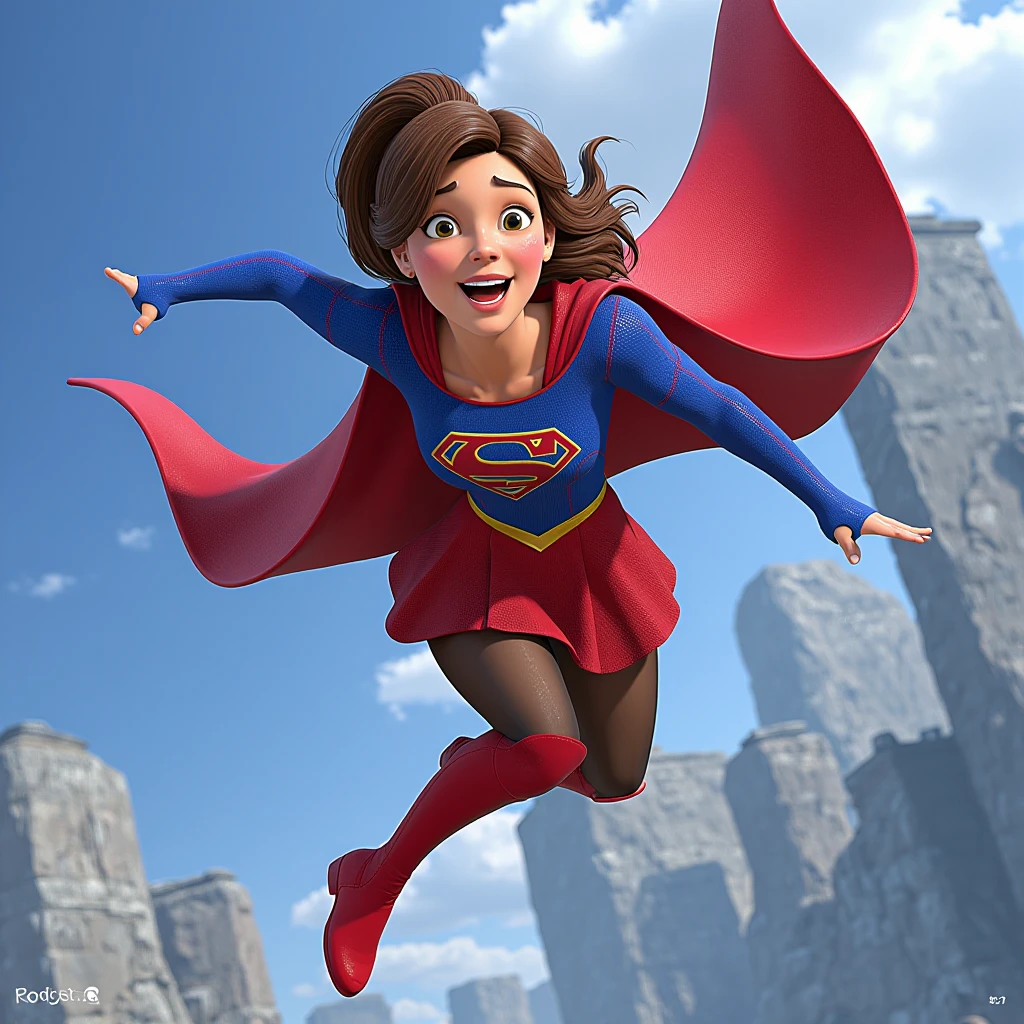 3d animated cartoon pixar disney movie render picturing an adult woman with a ponytail dressed in red and blue sg outfit shirt cape belt skirt tights boots and flying through the air