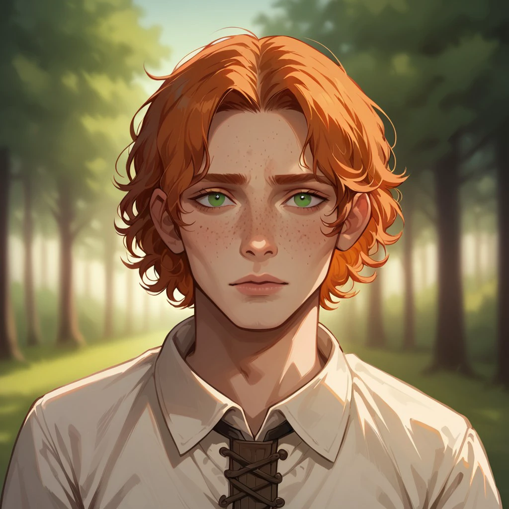 (((detailed, beautiful, high quality))), score_9, score_8_up, score_7_up, upper body,
(depth of field, dynamic lighting),
human,
1 male, european appearance, green eyes, short hair, disheveled hair, freckles, ginger hair, white office shirt, medieval shirt,
looking at the viewer, posing,
blurred background, fantasy background, dark background, forest,