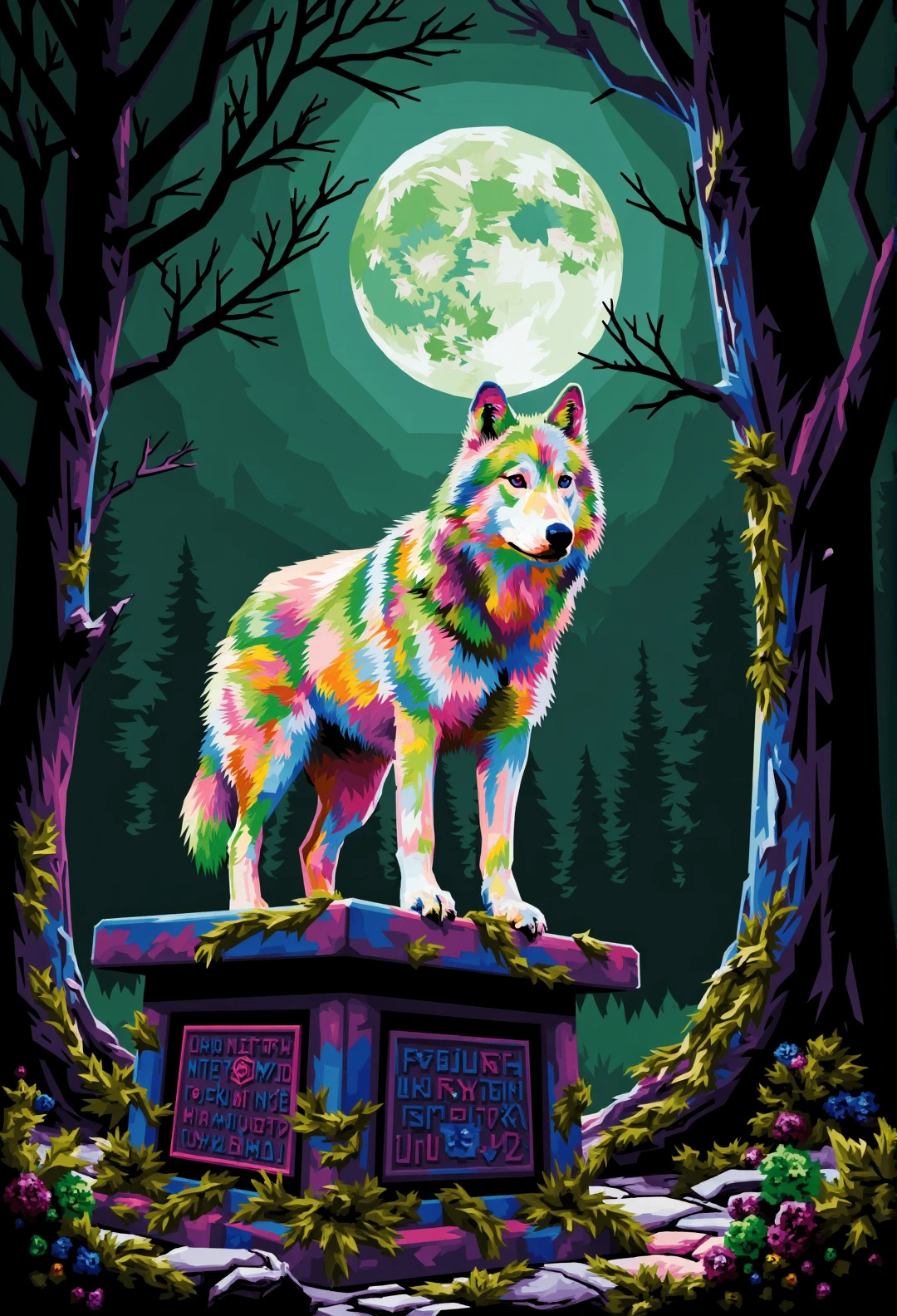 Geometric Colorful Forces,

In a mysterious painting, a huge white wolf stands steadily on an ancient stone altar covered in vines. The wolf's eyes are like two sparkling blue gems, emitting a light of wisdom and alertness. Its fur shimmered in the moonlight, and its furry tail gently brushed against the ground. The altar is filled with ancient runes, seemingly silently telling the secrets and power of history.
Surrounded by a dense forest, the trees are tall and ancient, with intertwined branches and leaves that almost cover the sky. Occasionally, a few strands of moonlight shone on the ground, creating mottled light and shadow, adding to the mysterious atmosphere of the scene. Occasionally, the whispers of nocturnal creatures and the rustling of leaves could be heard in the dense forest, as if guarding the tranquility of this hidden place.
This painting adopts a delicate oil painting style, with bold and exquisite use of colors. The color tone is cool, mainly consisting of dark green, silver, and blue, giving people a visual impact and surreal experience. The painter's meticulous and smooth brushstrokes make the entire painting express mystery and natural beauty, while also seeming to contain some kind of supernatural power, making the viewer feel a mysterious attraction that is both exploratory and awe inspiring.