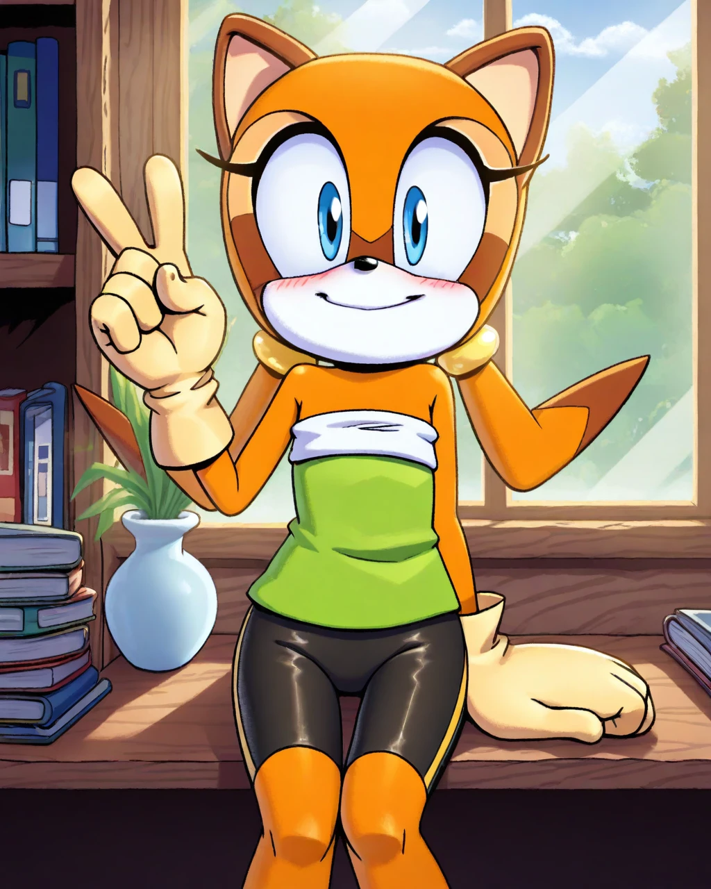 masterpiece, best quality, evnstnly, 1girl, solo, marinetheraccoon, furry female, orange fur, tube top, strapless, green shirt, black shorts, bike shorts, happy, blush, v, looking at viewer, sitting, upper body, forest, looking at viewer, cowboy shot, window, bookcase, vase, window, cloudy, light rays