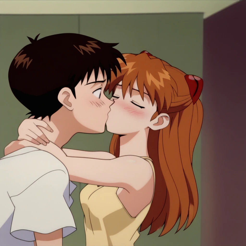 Asuka Soryu Langley, shinji Ikari, holding, kiss, deep kiss, ikari shinji, white shirt, Asuka Langley, yellow dress, hair clips, noise, grain, anime screencap, filter  ((asuka holding Shinji embrace)) <lora:90sanimecleanpony:1>