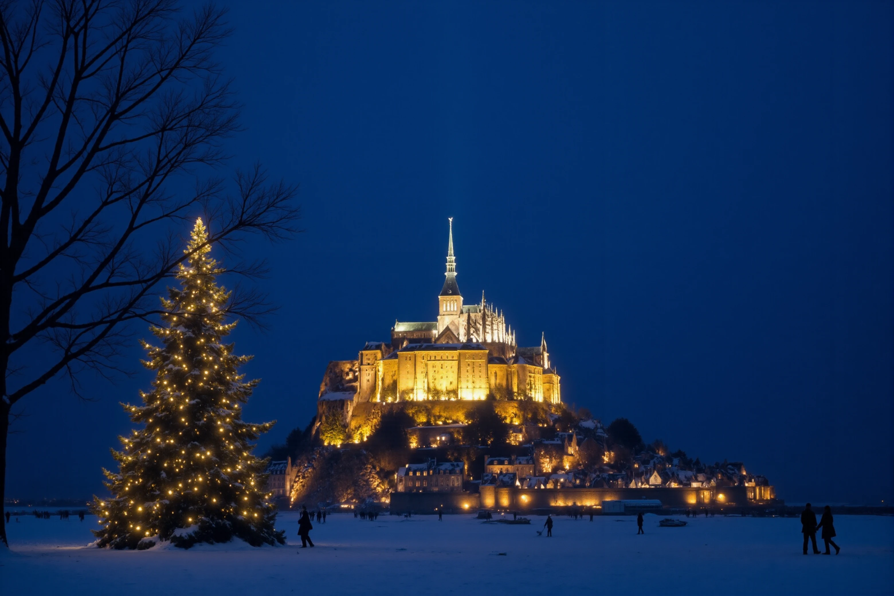 <lora:Mont Saint Michel:0.9> mont saint michel island under the snow. Christmas trees with lights and decorations