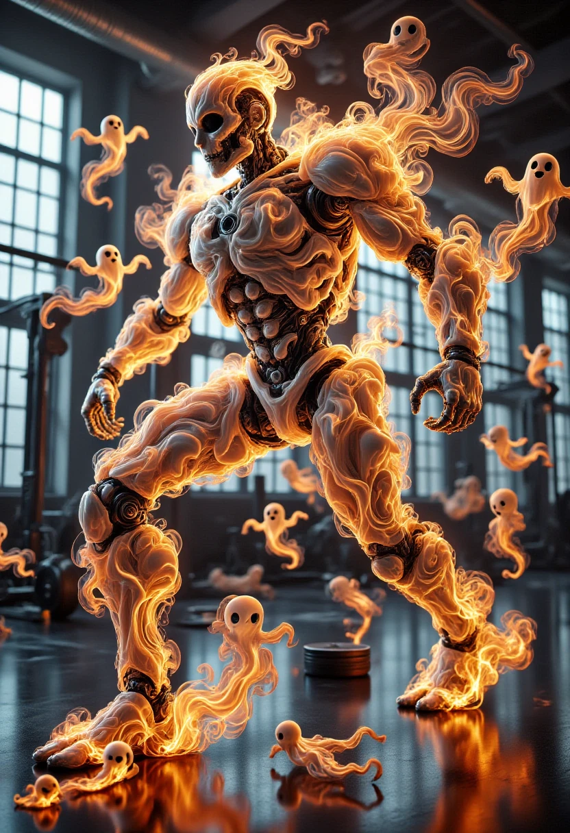 aidmafluxpro1.1, SW1RLYGH0ST, a robot made of orange ghosts is lifting weights inside a gym. The theme is glowing orange, electricity and surreal, recreating a feeling of industrial industry.
