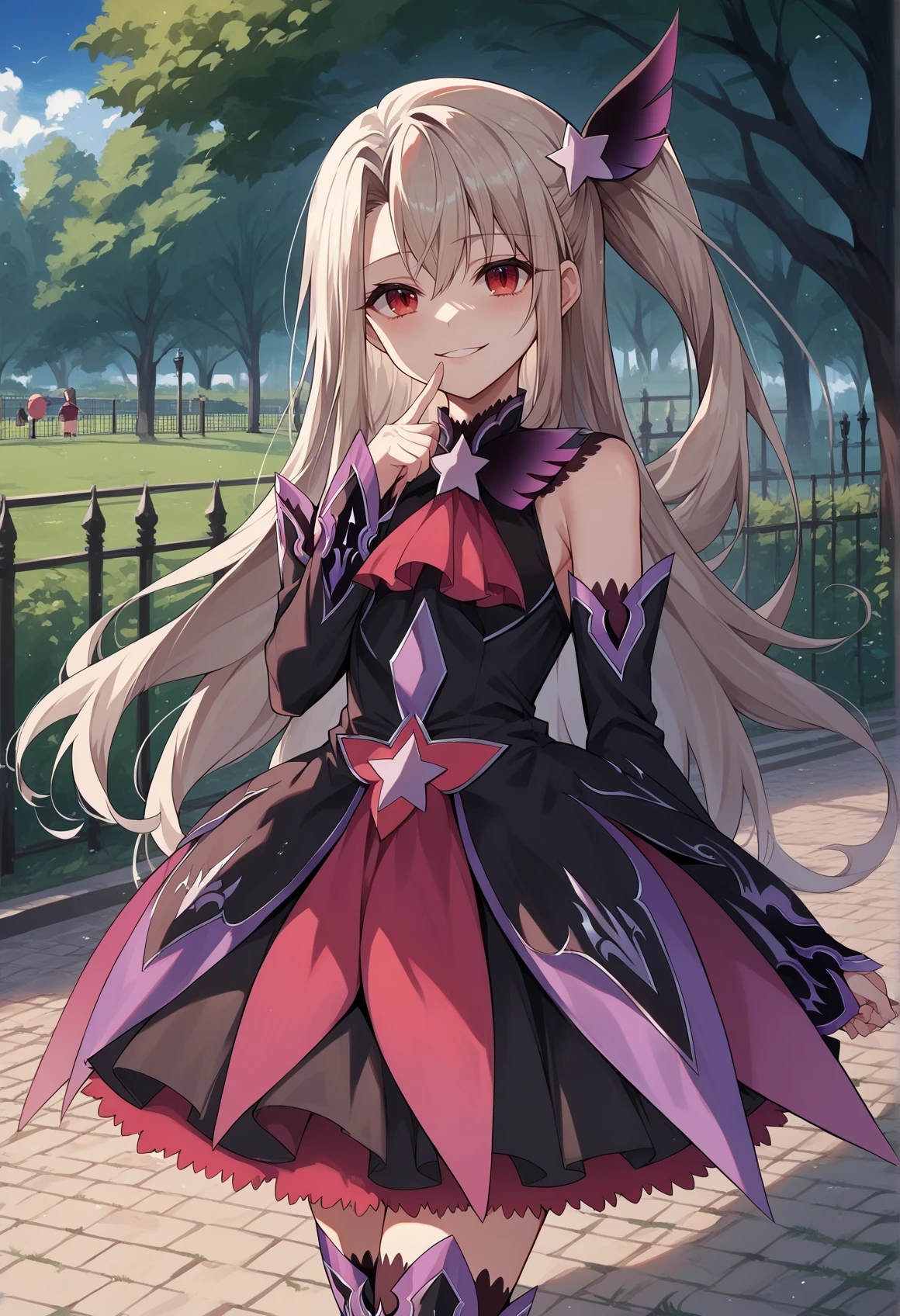 white hair, red eyes, long hair,side ponytail, hair ornament, black dress, magical girl, corruption, detached sleeves, black thigh Boots, evil smile, finger to mouth, outdoors, park   <lora:Illya_pony_v2:1>, score_9, score_8_up, score_7_up, score_6_up, score_5_up, score_4_up, BREAK source_anime, masterpiece