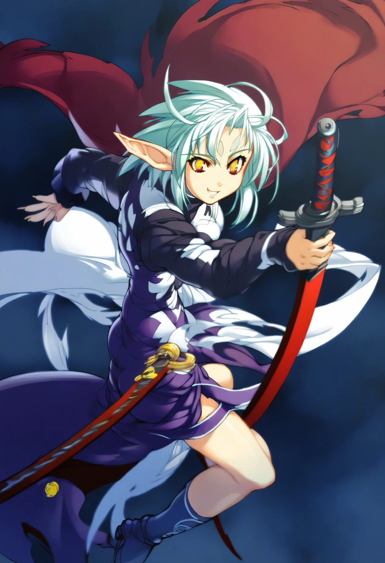 score_9, score_8_up, score_7_up, source_anime, high res image, masterpiece, best quality, 1girl, pointy ears, red eyes, long sleeves, yellow eyes, sword, smile, elf, boots, <lora:nithe-style-pony_v1.0:1>