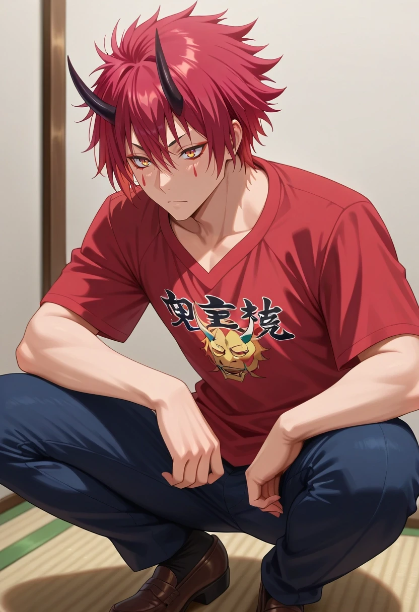 masterpiece, best quality, intricate details, , , , 1boy, solo, male focus, <lora:benimaru_tensura_ilxl:0.94>, benimaru_tensura, red hair, yellow eyes, hair between eyes, horns, oni horns, facial mark, , Cropped chinos, Baseball shirt, Penny loafers, ,