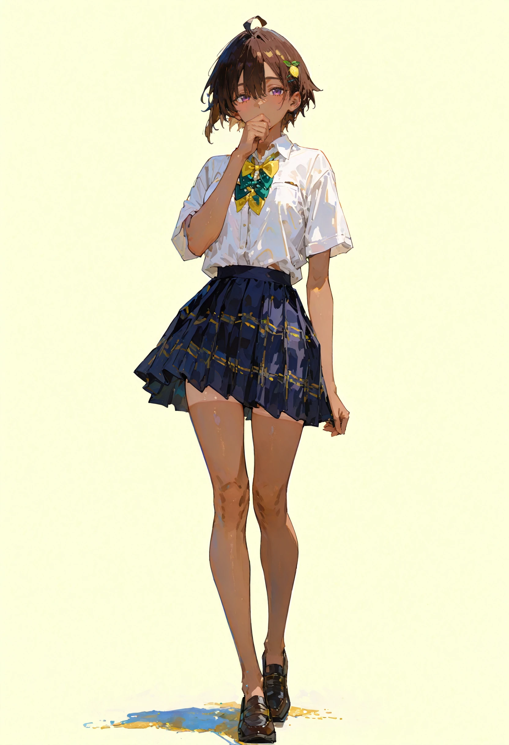 perfect quality,high quality,masterpiece,absolutely eye-catching,ambient occlusion,raytracing,front view,full_shot,
1girl,dark-skinned female,purple eyes,hair between eyes,short hair,black hair,brown hair,lemon hair ornament,ahoge,small breasts,white shirt,tanlines,bangs,bow,hairclip,school uniform,shirt,short sleeves,skirt,yellow bowtie,green bowtie,yakishioremon cyql,
full body,standing,covering_mouth,looking_at_viewer,
aquamarine background,simple background,
qxys,748cmstyle,EtherStyle,<lora:spo_sdxl_10ep_4k-data_lora_webui:0.7>,<lora:96YOTTEA-WAI:0.3>,<lora:illustrious_all_rated_v1:0.7>,<lora:748cmSDXL:0.9>,<lora:EtherSDXL:0.5>,<lora:Yakishio Remon_Illustrious by Cyql:0.9>,