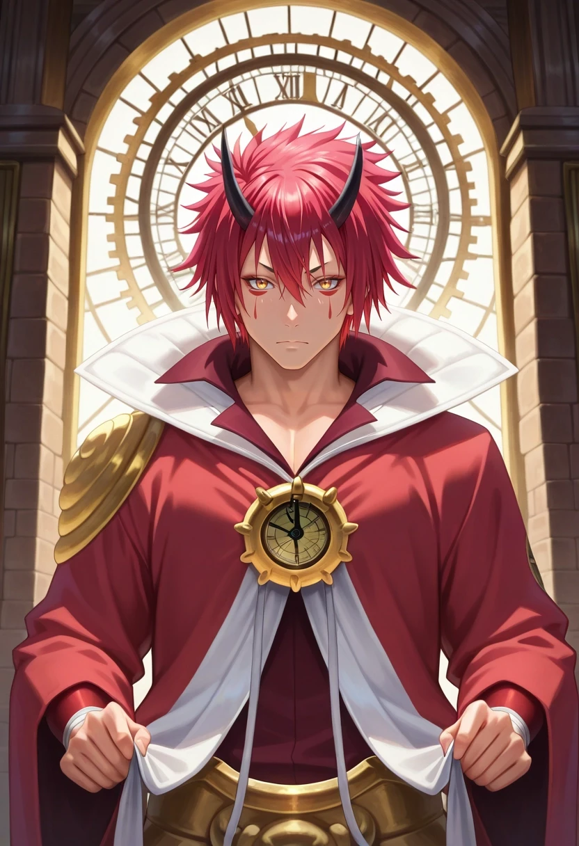 masterpiece, best quality, , semi-realistic, looking at viewer, , 1boy, solo, male focus, <lora:benimaru_tensura_ilxl:0.9>, benimaru_tensura, red hair, yellow eyes, hair between eyes, horns, oni horns, facial mark, time workshop, floating gears, temporal portals, clock towers, adjusting machinery, focused expression, ethereal lighting,