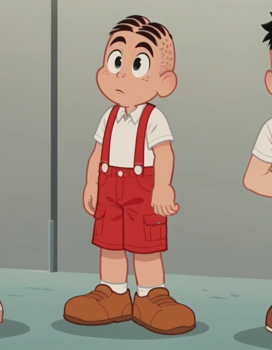 ManezinhoTDM, shirt, black hair, 1boy, black eyes, white shirt, shoes, pants, red suspenders, brown footwear, red shorts, solo, screencap