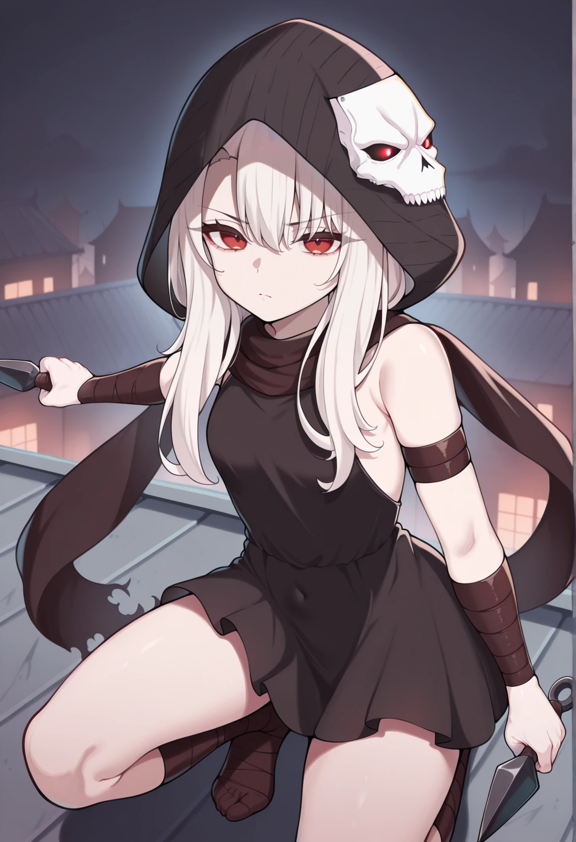 1girl, white hair, red eyes, long hair, hood, hood up, skull, scarf, short dress, black dress, sleeveless, arm wrap, armlet, leg wrap, on rooftop, on one knee, holding kunai, serious  <lora:Illya_Illus:1>, masterpiece, best quality, amazing quality, very aesthetic, absurdres, highres, newest