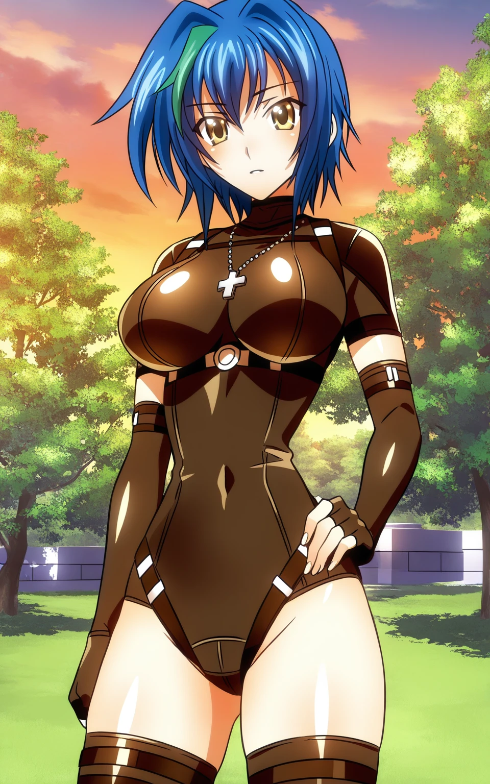 masterpiece, detailed, hgsdxd artstyle, hgsdxd artstyle, 1girl, solo, quartaxenovia, seiseixx body, , looking at viewer, short hair, blue hair, multicolored hair, green hair, two-tone hair, streaked hair, holysenshiu outfit, thighhighs, gloves, black thighhighs, fingerless gloves, leotard, cross necklace, yellow eyes, standing, (cowboy shot), outdoors, tree, sunset, sky, clouds, park, <lora:hgsdxd-nbai:1>