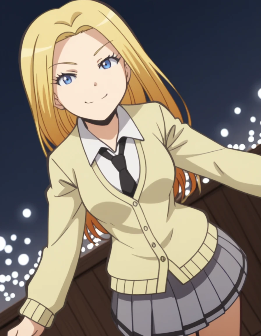 score_9, score_8_up, score_7_up, source_anime, <lora:rio-nakamura-s1s2-ponyxl-lora-nochekaiser:1>, rio nakamura, long hair, blue eyes, blonde hair, medium breasts, anime screencap,, cardigan, yellow cardigan, skirt, school uniform, pleated skirt, necktie, grey skirt, black necktie, white shirt, collared shirt, long sleeves,, runway, landing, lights, speed, takeoff, smile, bent over, smug,, looking at viewer, solo,, dutch angle, cowboy shot