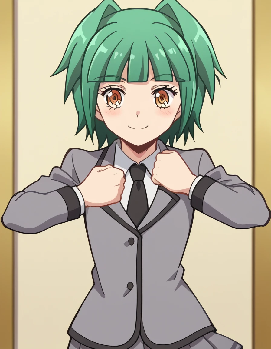 score_9, score_8_up, score_7_up, source_anime, <lora:kaede-kayano-s1s2-ponyxl-lora-nochekaiser:1>, kaede kayano, short hair, bangs, brown eyes, yellow eyes, green hair, hair intakes, anime screencap,, blazer, grey blazer, school uniform, pleated skirt, necktie, grey skirt, black necktie, white shirt, collared shirt, long sleeves,, temple, holy, sacred, religion, traditional, smile, <lora:giorno-giovannas-pose-ponyxl-lora-nochekaiser:1>, giorno giovannas pose, giorno giovanna's pose (jojo), jojo pose, hand up, arm up, clenched hand, hand on waist, blush, shirt, smile, bed room, cowboy shot, looking at viewer, solo,, dutch angle, cowboy shot