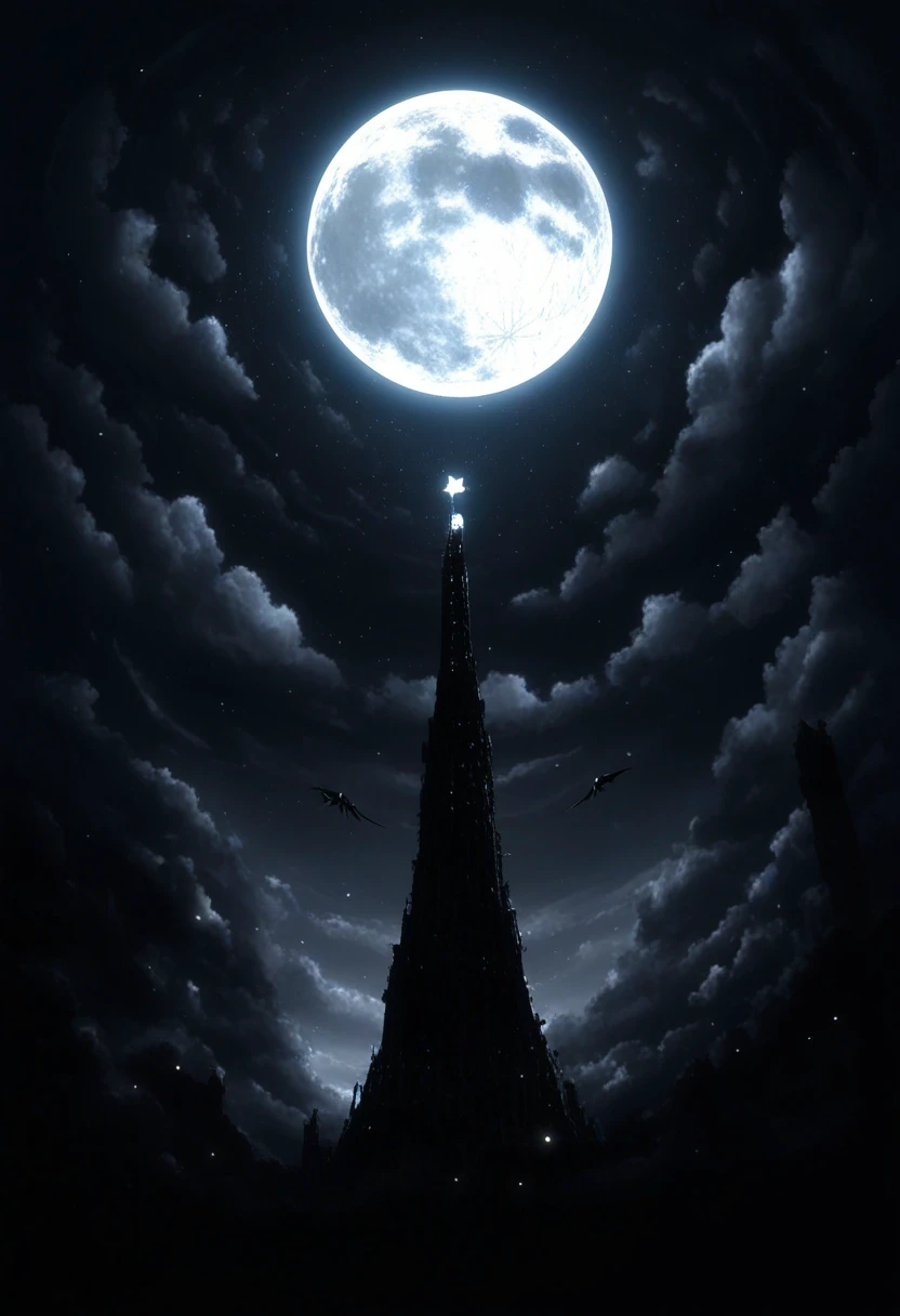 no humans, scenery, dark, monochrome, black background, sky, black wings, moon, tower, greyscale, star \(symbol\), cloud, outdoors, cloudy sky, full moon, night, wings, night sky