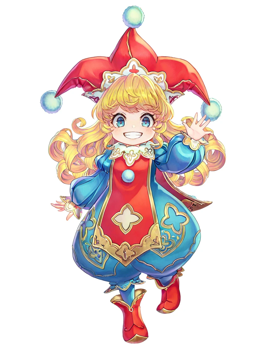 <lora:GAME_STYLE_Echoes_of_Mana_IL:1>,
airbrush \(medium\),
BREAK
1girl, solo, blonde hair, hat, smile, long hair, white background, simple background, blue eyes, curly hair, jester cap, full body, grin, looking at viewer, long sleeves, waving, pom pom (clothes), red headwear, puffy sleeves, red footwear, puffy long sleeves, (chibi:0.8), ,masterpiece, best quality,