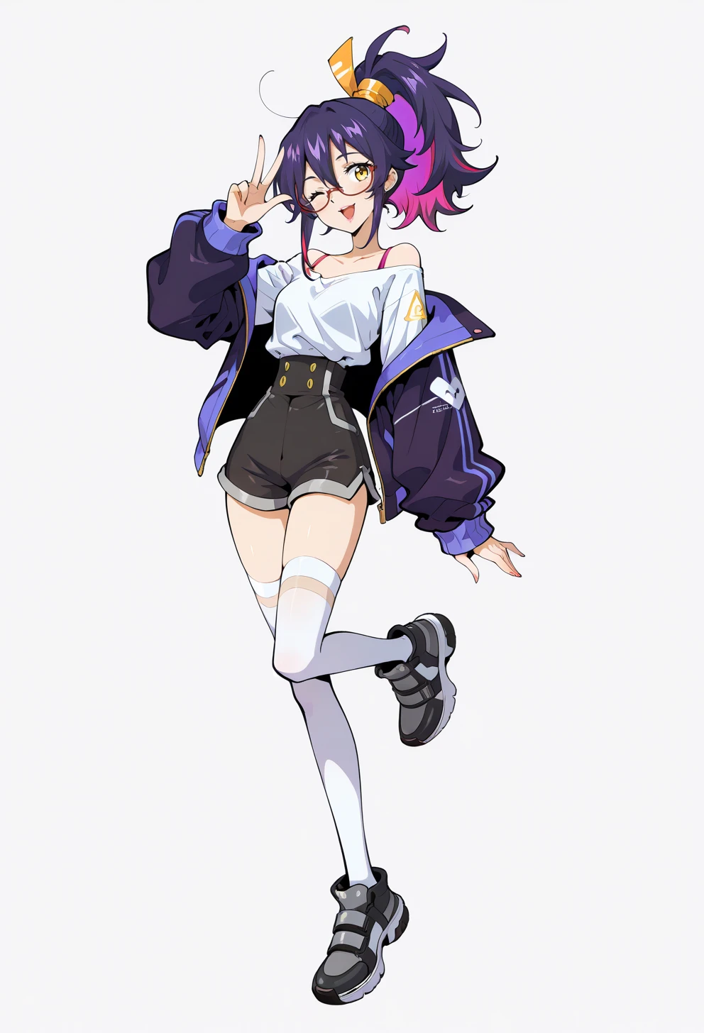 masterpiece, best quality, high quality, anime, <lora:AEHLINK:1.35> AEHLINK, white background, simple background, full body, <lora:AESumire:0.8> AESumire, colored inner hair, hair between eyes, pink lips, ponytail, purple hair, sidelocks, yellow eyes, black footwear, bra strap, glasses, high-waist shorts, jacket, off-shoulder shirt, shirt tucked in, shoes, white shirt, white thighhighs, smile, standing on one leg, open mouth, two-finger salute, one eye closed,
