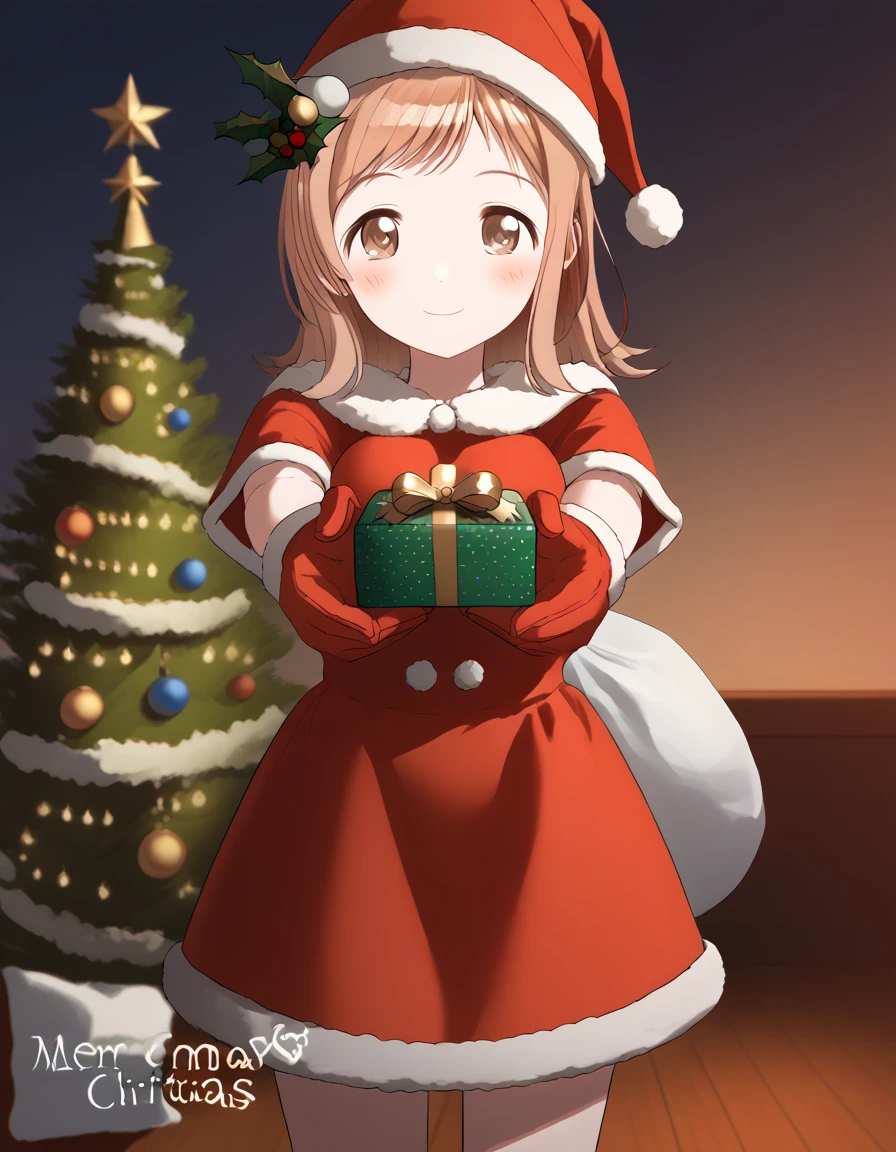 score_9, score_8_up, score_7_up, source_anime, <lora:mano-sakuragi-s2-ponyxl-lora-nochekaiser:1>, mano sakuragi, brown hair, brown eyes, medium breasts,, <lora:santa-costume-ponyxl-lora-nochekaiser:1>, santa costume, santa hat, christmas, sack, merry christmas, gift, fur-trimmed headwear, holding sack, santa dress, fur-trimmed dress, christmas tree, christmas tree, fur trim, red capelet, gift box, red gloves, fur-trimmed capelet, santa gloves, red hat, hat,, smile, blush, looking at viewer, <lora:incoming-gift-ponyxl-lora-nochekaiser:1>, incoming gift, outstretched arms, holding, holding gift, gift, gift box,, , dutch angle, cowboy shot