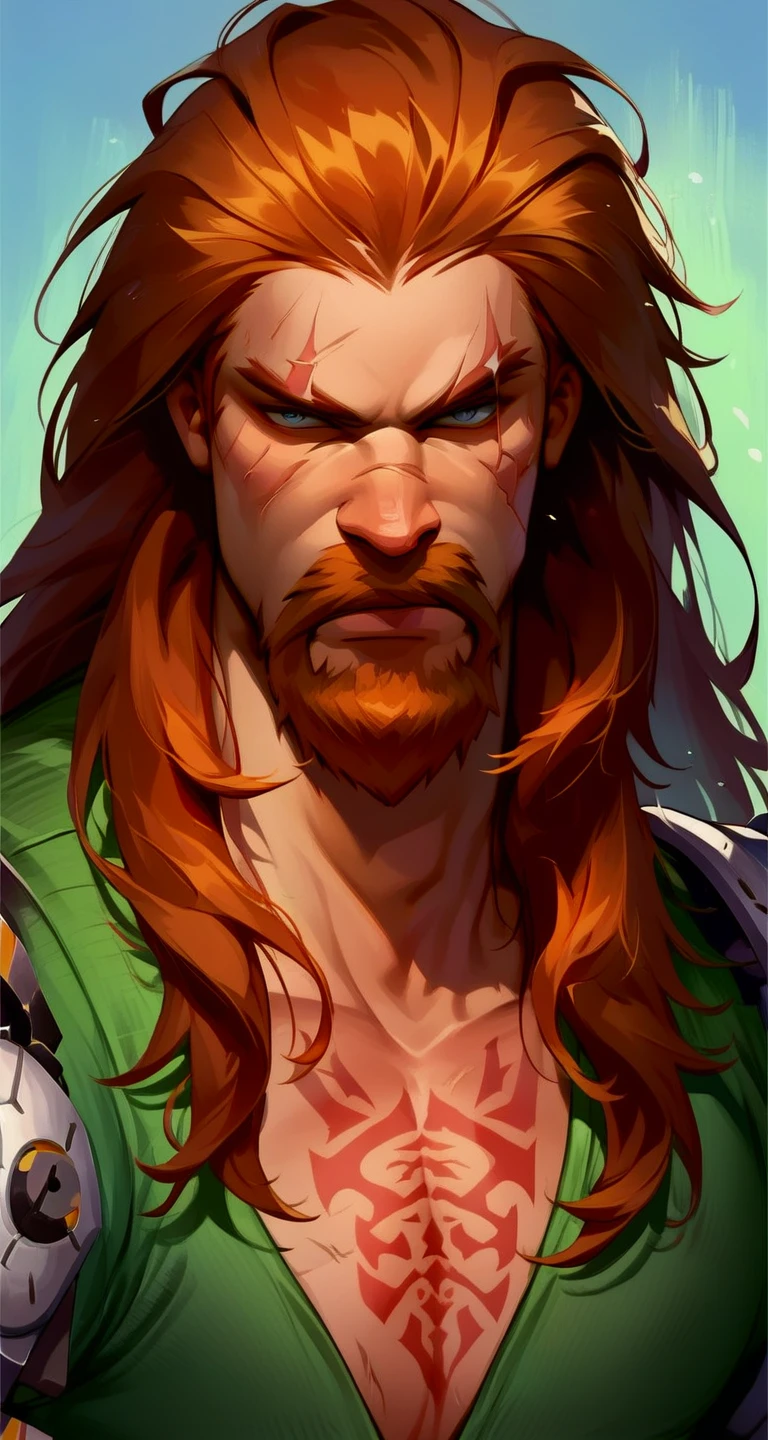 Bloody and screaming muscle god green eyes long hair beard