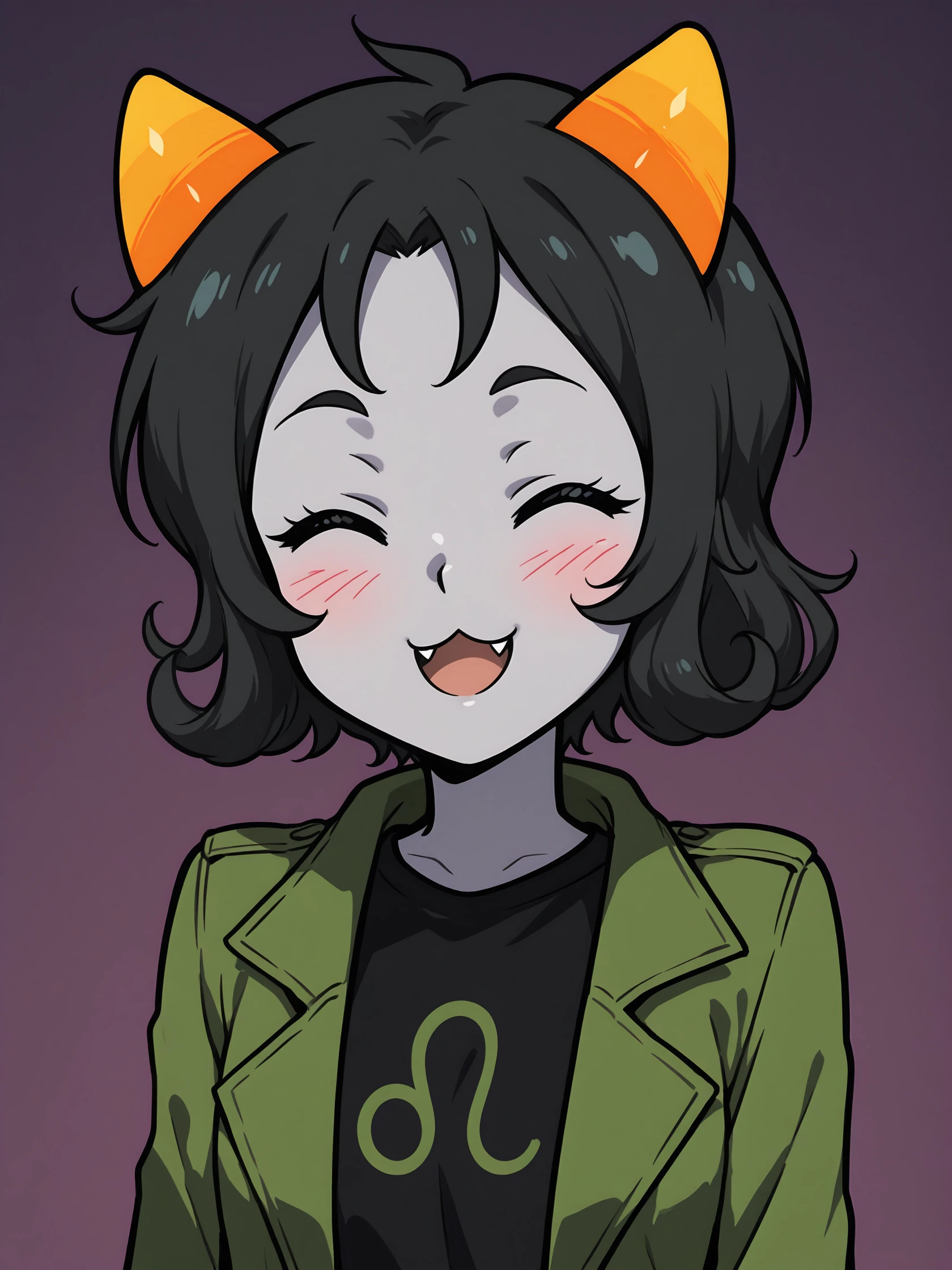 vscore_9, score_8_up, score_7_up, score_6_up, score_5_up, score_4_up, 2d, anime, anime artstyle, simple shadows, flat coloring, flat shadows, thick lines,  <lora:Nepeta_Leijon_Homestuck_-_SDXL_Illustrious:1>, nepeta leijon, 1girl, solo, blush, smile, short hair, open mouth, shirt, black hair, animal ears, jacket, closed eyes, upper body, :d, horns, cat ears, coat, black shirt, :3, colored skin, fangs, facing viewer, grey skin, leo print