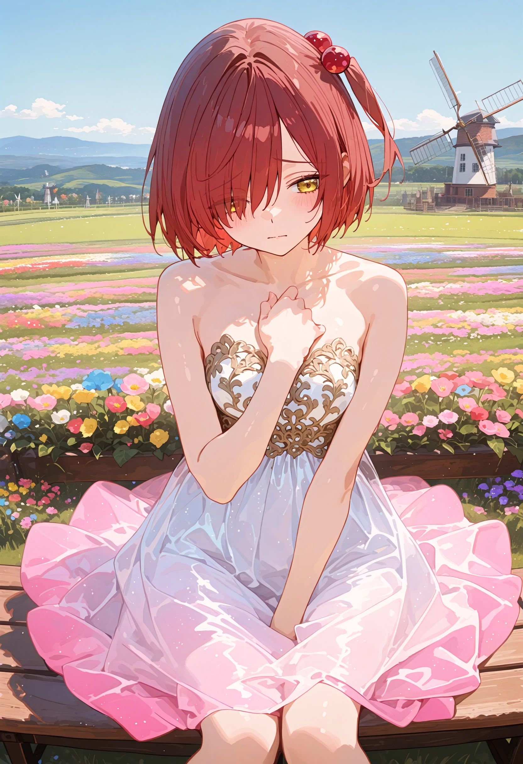 perfect quality,high quality,masterpiece,absolutely eye-catching,ambient occlusion,raytracing,
front view,full_shot,vanishing point,
1girl,yellow eyes,short hair,red hair,brown hair,side ponytail,one side up,hair over one eye,hair bobbles,komarichika cyql,
furrowed brow,sitting,hand on own chest,
Whimsical,Elegant mermaid gown with a strapless sweetheart neckline and lace appliqués,pink white  gradient clothes,
beautiful face,beautiful eyes,perfect body,sexy,
Serene sky,at Daybreak,(in Flower garden, colorful flower garden,landscape of flowers:1.5),( blue sky, cumulonimbus),(windmill:1.3),(wooden bench:1.2),(many flowers are blooming:1.3),intricate cinematic background,detailed background,
laser light clothes,qxys,748cmstyle,<lora:spo_sdxl_10ep_4k-data_lora_webui:0.7>,<lora:illustrious_all_rated_v1:0.7>,<lora:laser_light_clothes_v0.5-pony:0.4>,<lora:748cmSDXL:0.9>,<lora:Komari Chika_Illustrious by Cyql:0.9>,