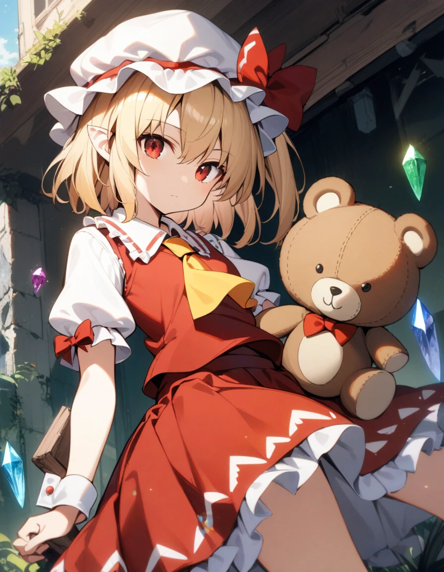 1girl, flandre scarlet, touhou, hat, mob cap, solo, blonde hair, stuffed toy, red vest, wings, stuffed animal, teddy bear, red eyes, crystal, vest, white headwear, outdoor, short sleeves, one side up, holding, puffy sleeves, skirt, shirt, pointy ears, red skirt, looking at viewer, puffy short sleeves, ascot, yellow ascot, wrist cuffs, white shirt, holding stuffed toy, bow, frills, red bow, collared shirt, ribbon, frilled shirt collar, red ribbon, medium hair masterpiece, best quality, very aesthetic, absurdres