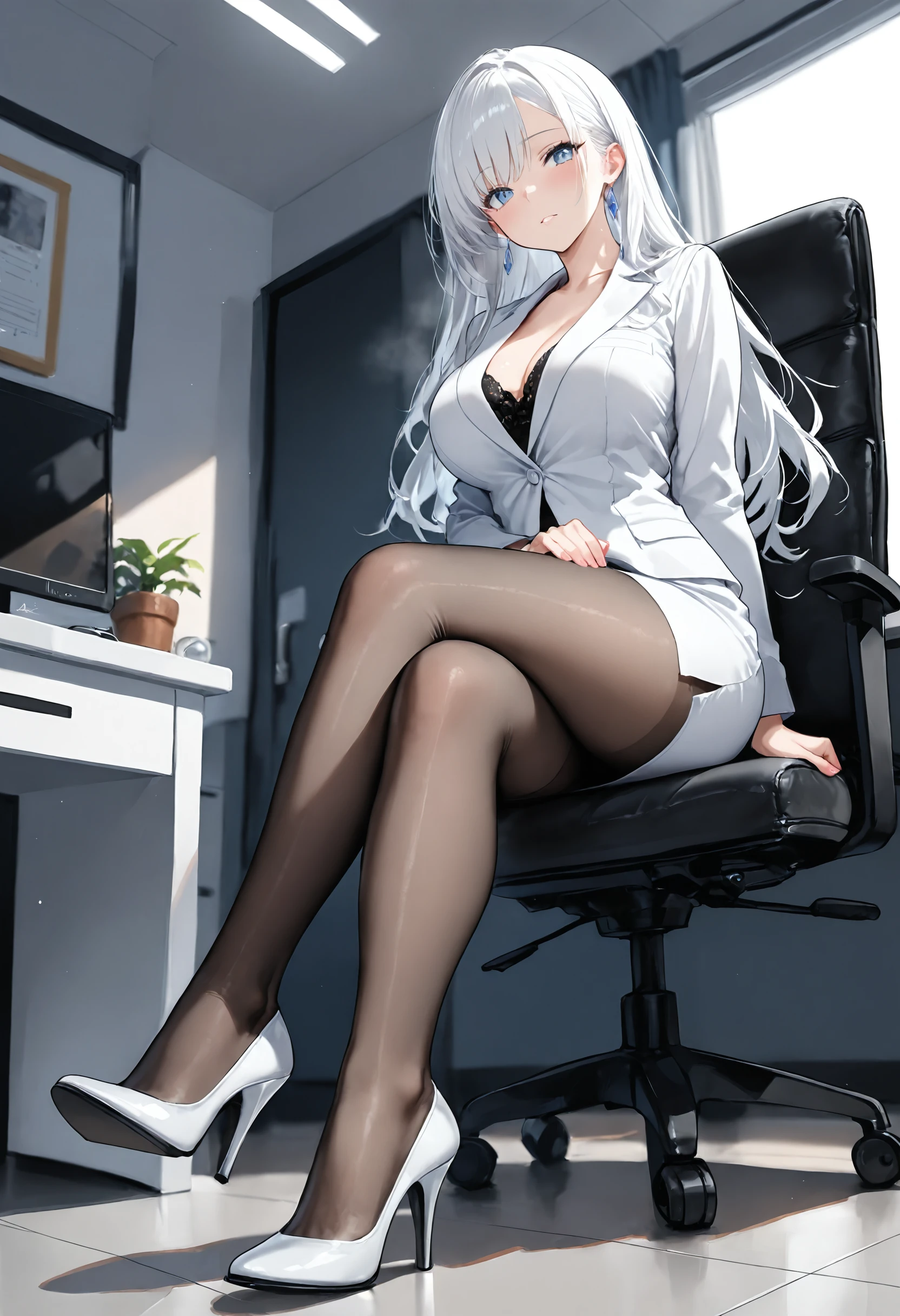 illustration, an extremely delicate and beautiful, extremely detailed, 1girl, white_hair, office lady, high heels, pantyhose,, masterpiece, best quality, amazing quality, detailed background, intricate details