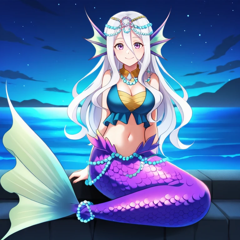 <lora:EmeloneIL:0.8> , emdef, 1girl, (mermaid), mermaid tail, monster girl, purple eyes, long hair, hair between eyes, white hair, head fins, purple scales, cleavage, navel, midriff, sleeveless, blue top, yellow chest wrap, jewelry, beads, pearl (gemstone), exterior, night sky, closed mouth, smile, serene, graceful, looking at viewer, sitting, ocean, full body, , solo, masterpiece, best quality, amazing quality, very aesthetic, high resolution, detailed background,