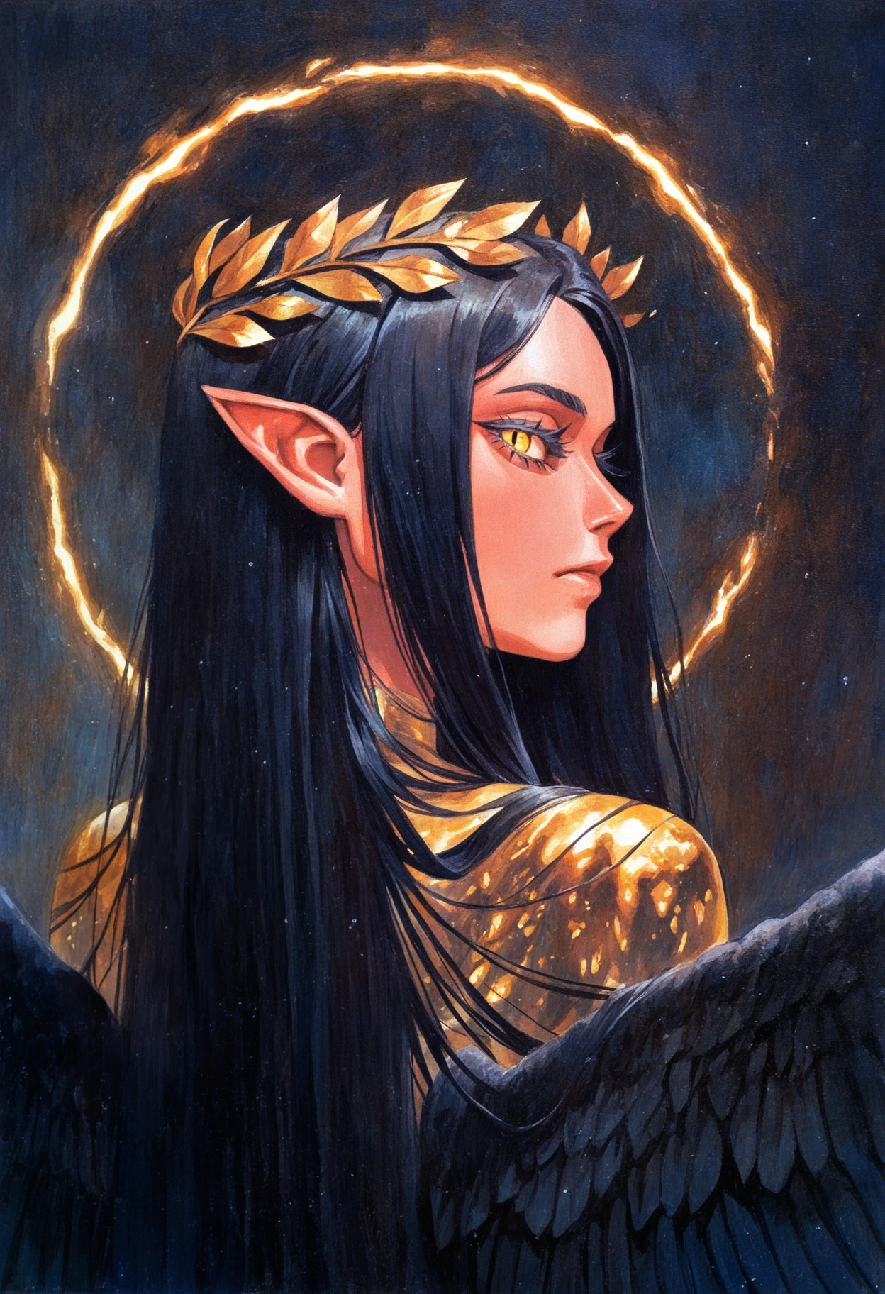 aestx, laurel crown, very awa, masterpiece, highres, absurdres, newest, year 2024, year 2023,  1girl, black hair, straight hair, looking back, sideways glance, staring, glowing yellow eyes, slit pupils, thick eyelashes, long eyelashes, glowing halo, winged halo, elf ears,  glowing clothes, glowing eyes,  black feathers, feathered wings, oil painting \(medium\), traditional media,  <lora:96_chadmix_vpred10_1a.safetensors:1.0>,