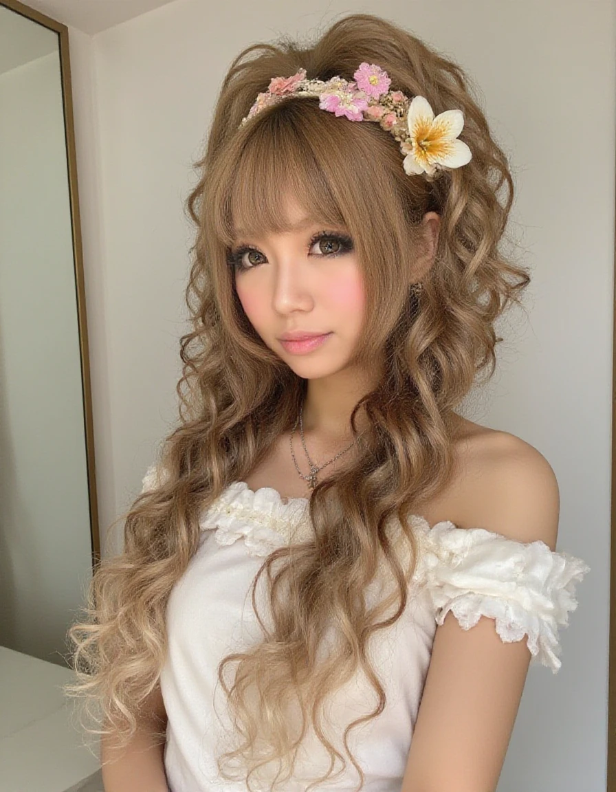 <lora:Female_Archeotypes_-_Japanese_Gyaru:1>photo of gyaru woman with heavy tan and fancy hair-do