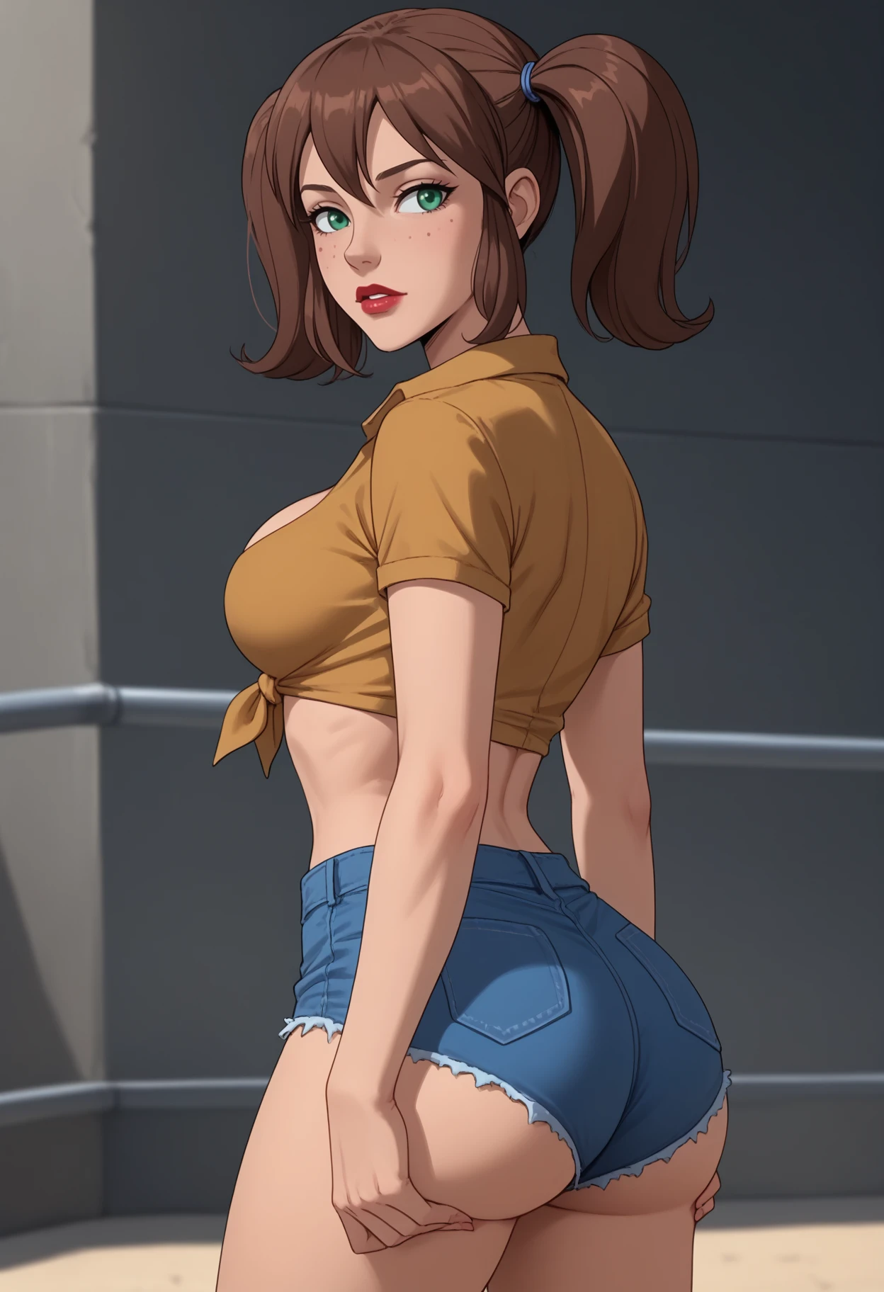 score_9, score_8_up, score_7_up, score_6_up, score_5_up, <lora:NM_Giselle:1>, BREAK NM_Giselle, 1girl, solo, green eyes, twintails, brown hair, freckles, breasts, large breasts, lipstick, makeup, navel, midriff, crop top, cleavage, shirt, tied shirt, cutoffs,  shorts, denim shorts, blue shorts, denim, short shorts, looking back, from behind, ass, back view, ass focus, nm_fitbutt, <lora:nm_fitbutt:0.8>,