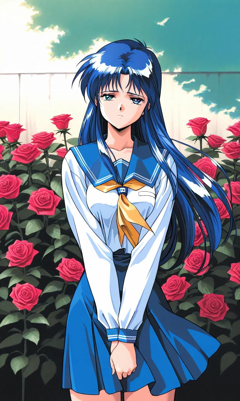 masterpiece, best quality, good quality, <lora:AiShimai_Futari_no_Kajitsu_IS:1> Kitazawa_Rumi, 1girl, blue hair, breasts, long hair, blue eyes,
school uniform, serafuku, 1990s (style), sad, v arms,
cowboy_Shot, looking at viewer,
outdoor, flower, rose,