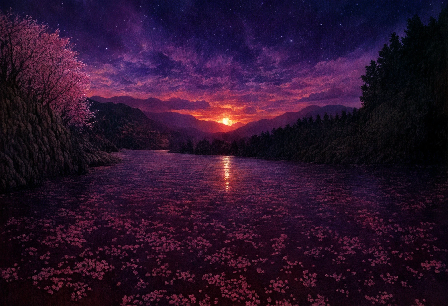 masterpiece, best quality, absurdres, oil painting medium, photorealism, water, river, ripples, cherry blossoms, mountains, sunset, cumulonimbus cloud, no humans, twilight, starry sky, (bird:0.9), dark, (red sky:0.9), sunbeam, purple sky <lora:96_chadmix_vpred10_1a.safetensors:1.0>, <lora:96_chiaroscuro_vpred10_1a-000022.safetensors:1.0>,