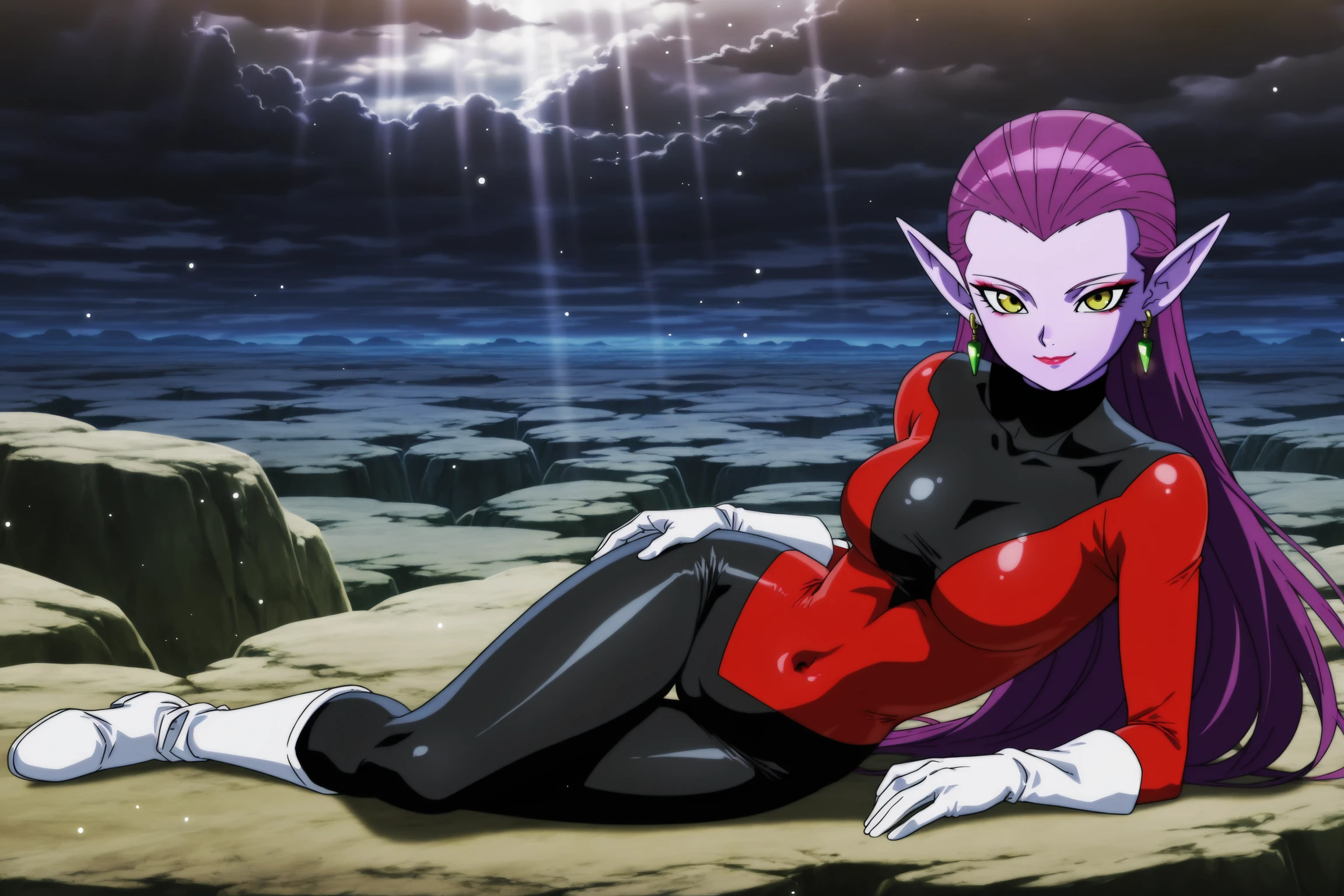cocotte, 1girl, solo, snakeway, road, scales, yellow cloud,pink sky, earrings, pointy ears,full body, (long hair), yellow eyes, bodysuit, purple hair, white gloves, purple lips, smile, looking at viewer, purple skin, medium breasts, hands on hips,contrapposto, white boots, on road, (best quality,masterpiece ) <lora:cocotte_v1:1> <lora:otherworld_v1:1>