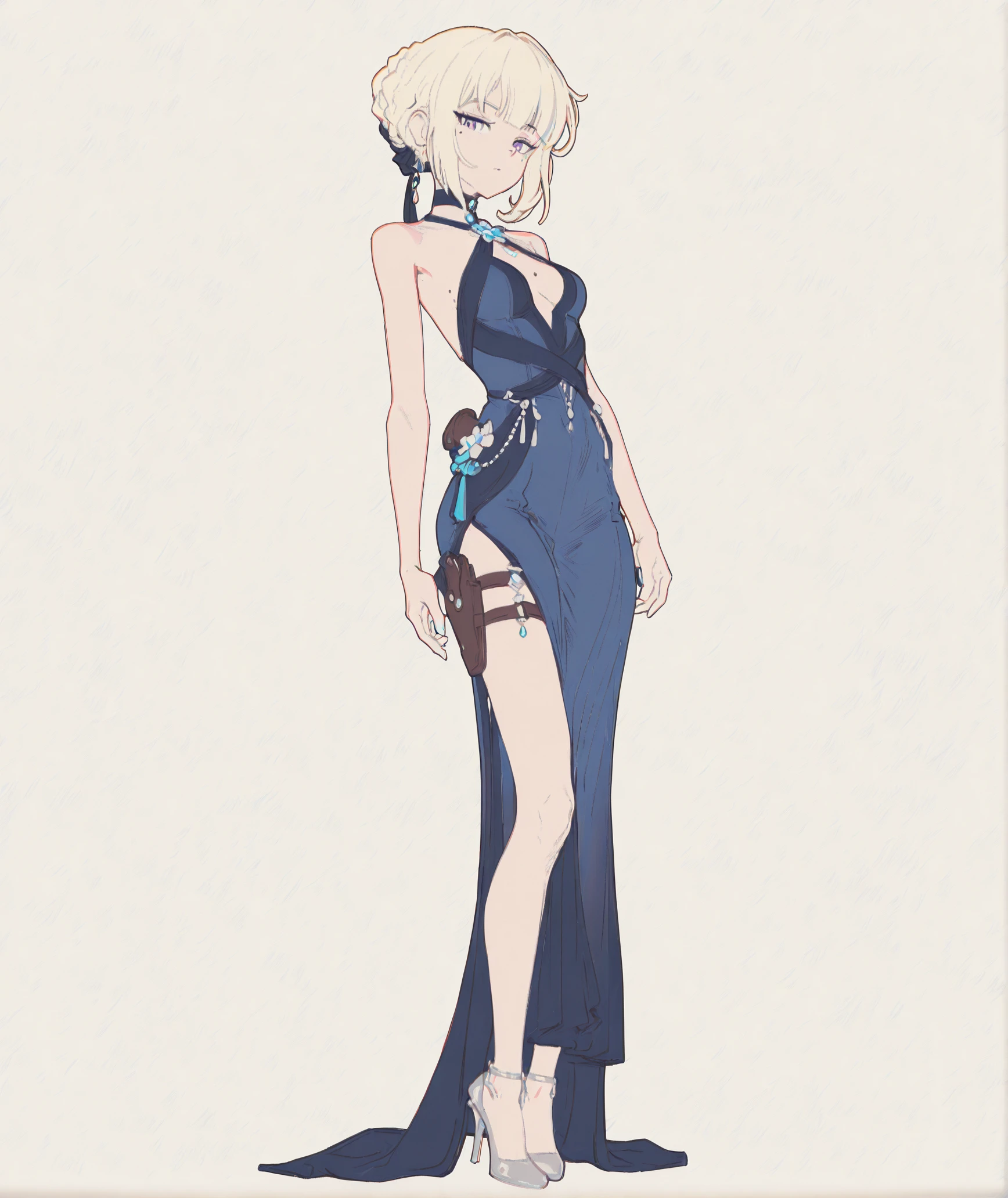 masterpiece, best quality, amazing quality, very aesthetic, absurdres, newest, (sketch:1.6), (lineart:1.75), butterchalk,
1girl, solo, ZZZEvelyn, blonde hair, short hair, bangs, hair bun, purple eyes, mole, looking at viewer,
evening dress, blue dress, holster, high heel, fullbody,