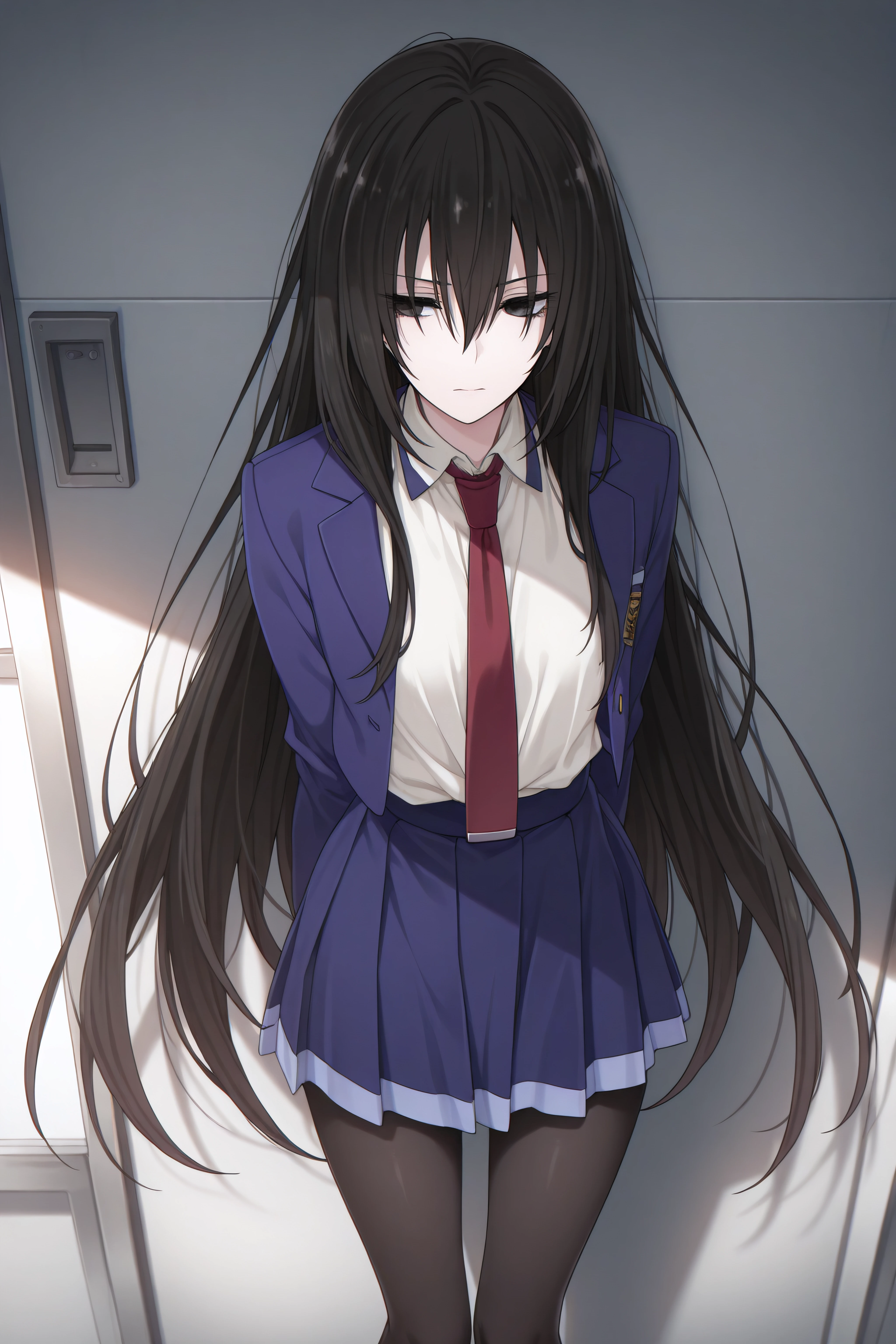 masterpiece, best quality, <lora:Kirukiru Amou-Illustrious-lora-Faxtron:1> kirukiru amou, black eyes, black hair, very long hair,cropped blue blazer, white shirt, red necktie, blue skirt, black pantyhose, standing,